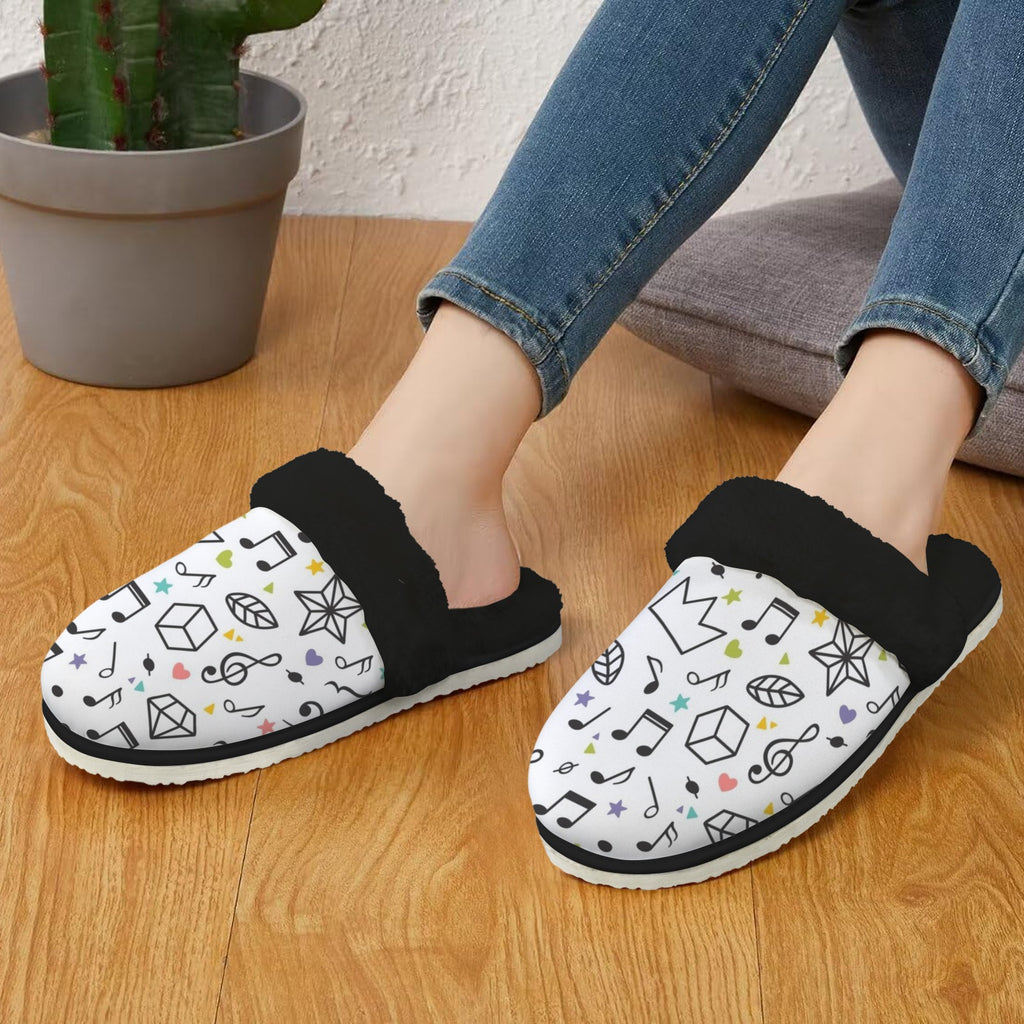 Music Time Women's Fur Trim Thick-Sole Indoor Slippers Women's Fur Trimmed Slippers Music Printed Offshore