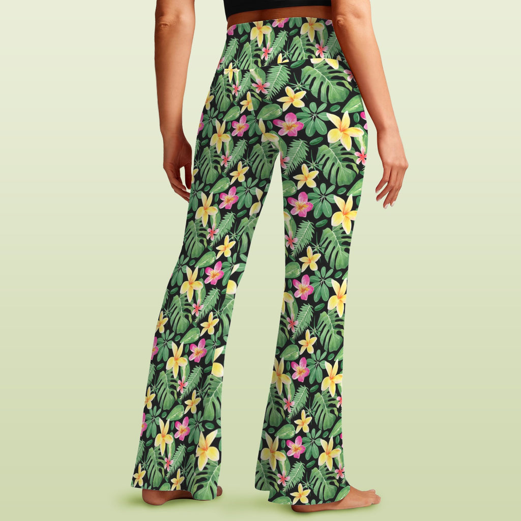 Frangipani High Waist Crossover Tummy Control Flare Leggings High Waist Flare Leggings Plants Printed Offshore