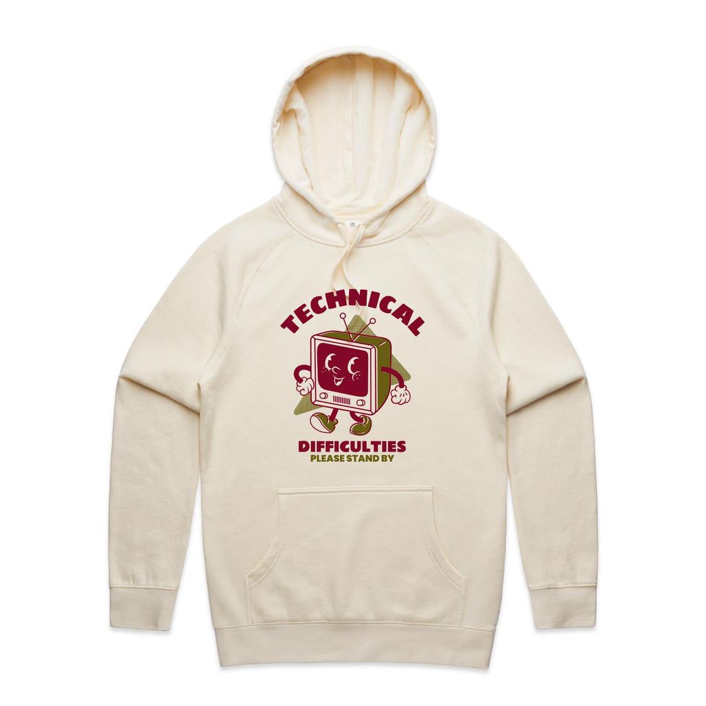 Retro TV, Technical Difficulties - Mens Hoodie Ecru Mens Hoodie Printed In Australia Retro Tech