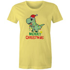 Dinosaur Santa, Merry Christmas - Womens T-shirt Yellow Womens Christmas T-shirt Christmas Printed In Australia