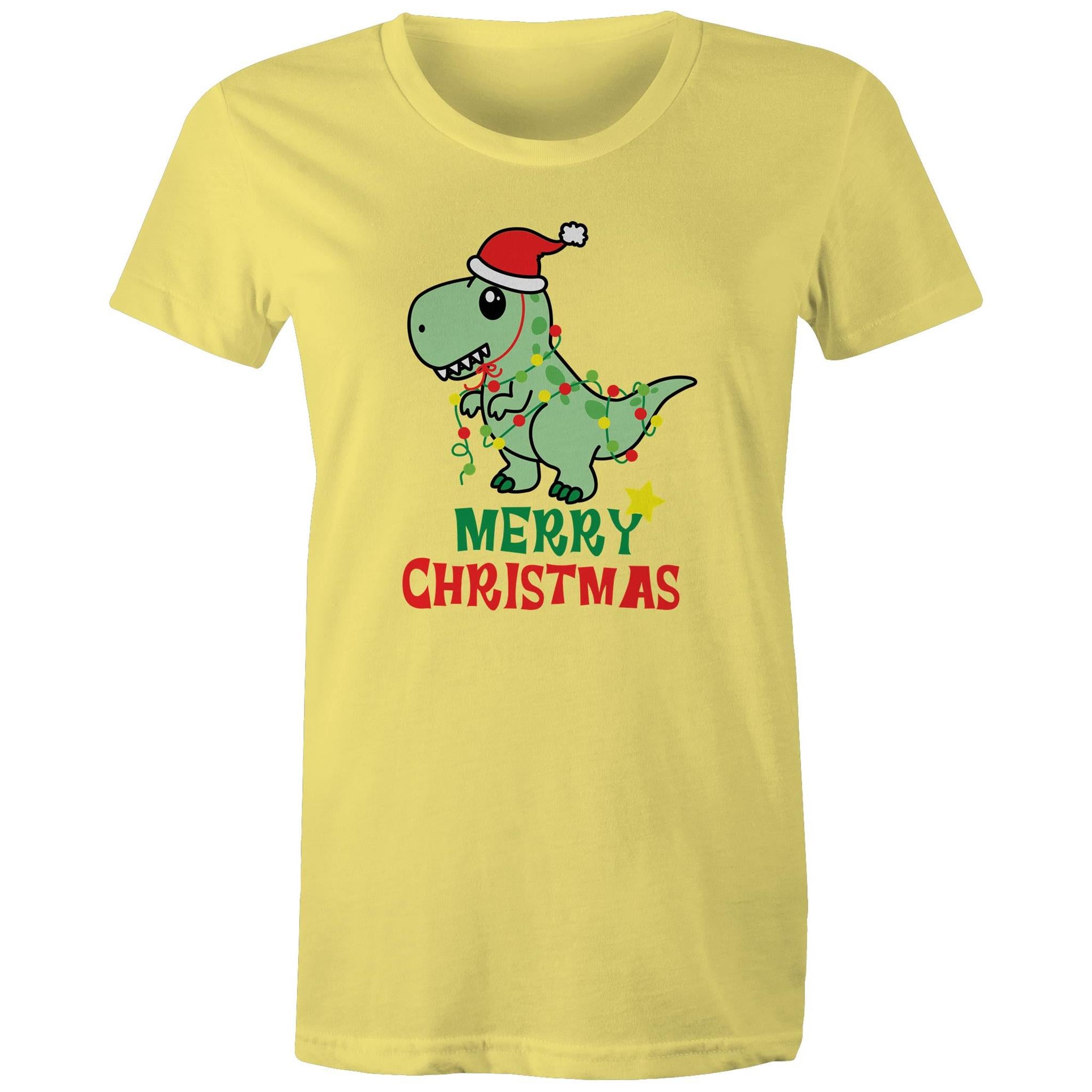 Dinosaur Santa, Merry Christmas - Womens T-shirt Yellow Womens Christmas T-shirt Christmas Printed In Australia