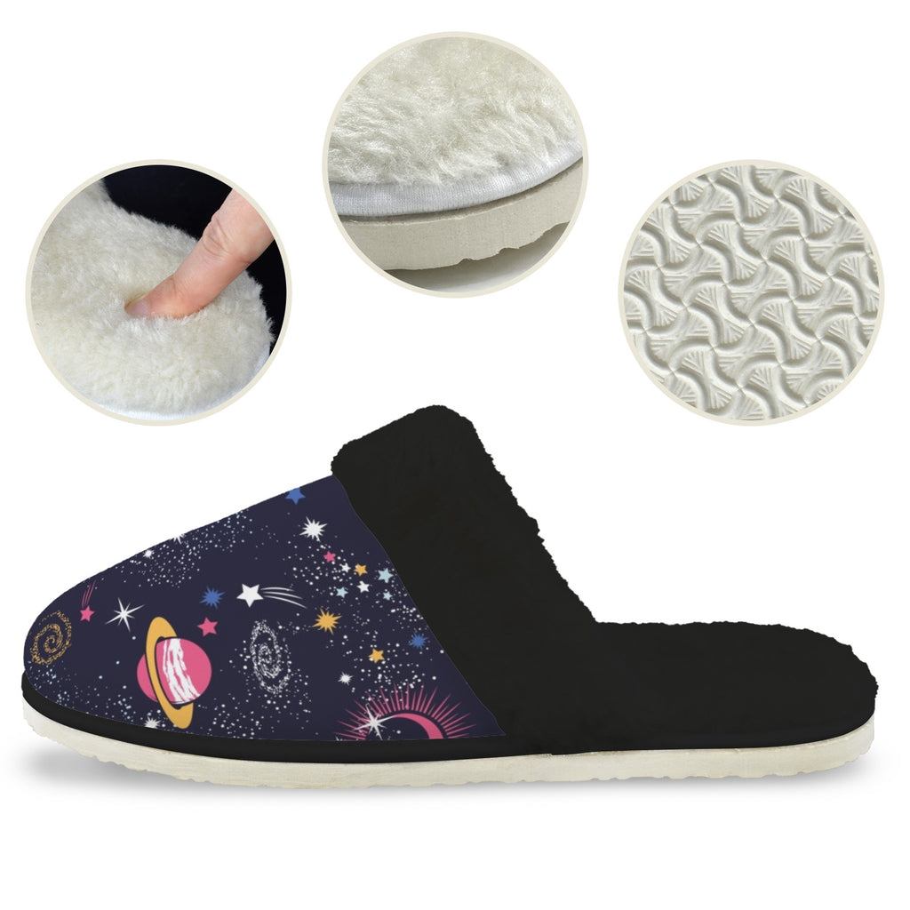 Outer Space Men's Fur Trim Thick-Sole Indoor Slippers Men's Fur Trimmed Slippers Printed Offshore Space