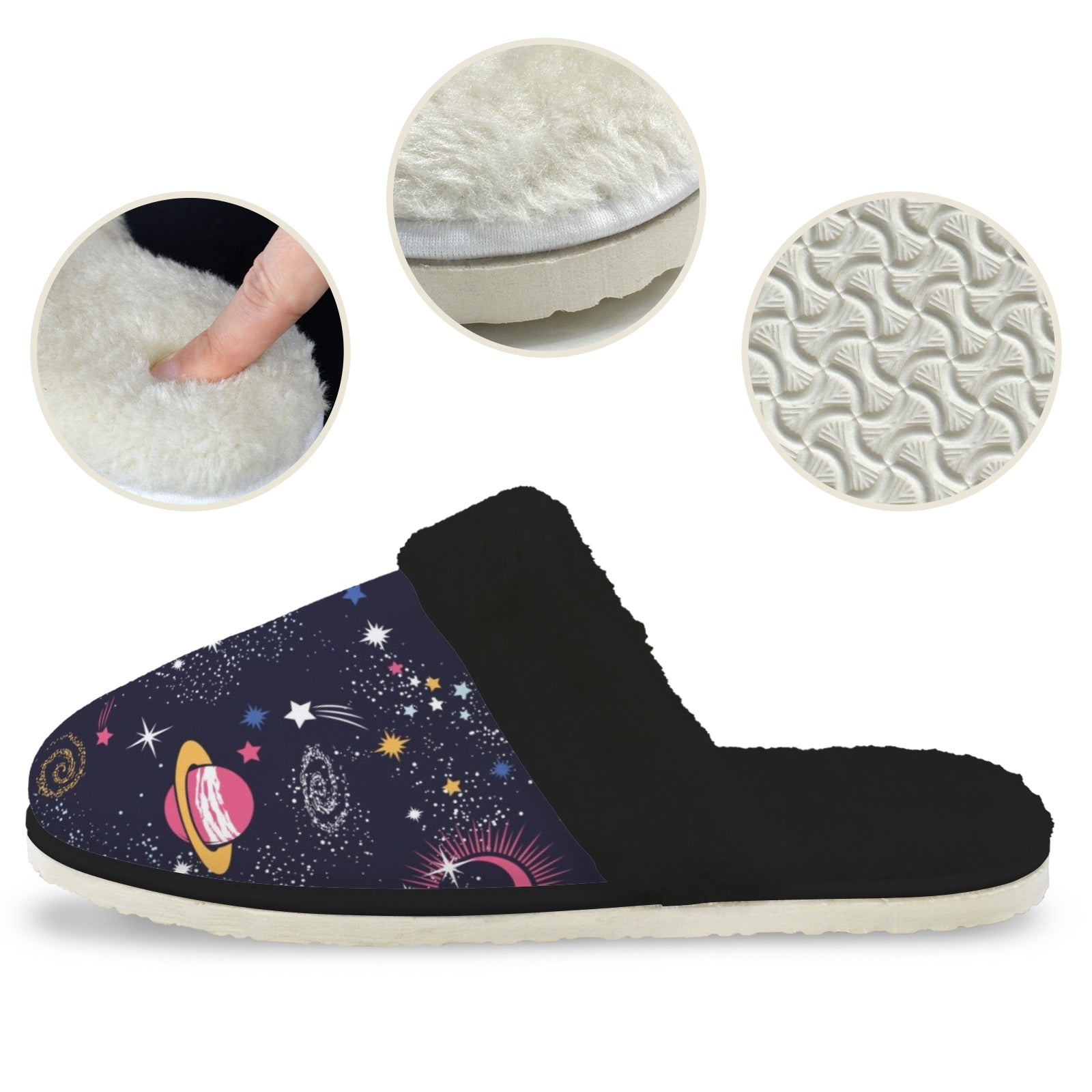 Outer Space Men's Fur Trim Thick-Sole Indoor Slippers Men's Fur Trimmed Slippers Printed Offshore Space