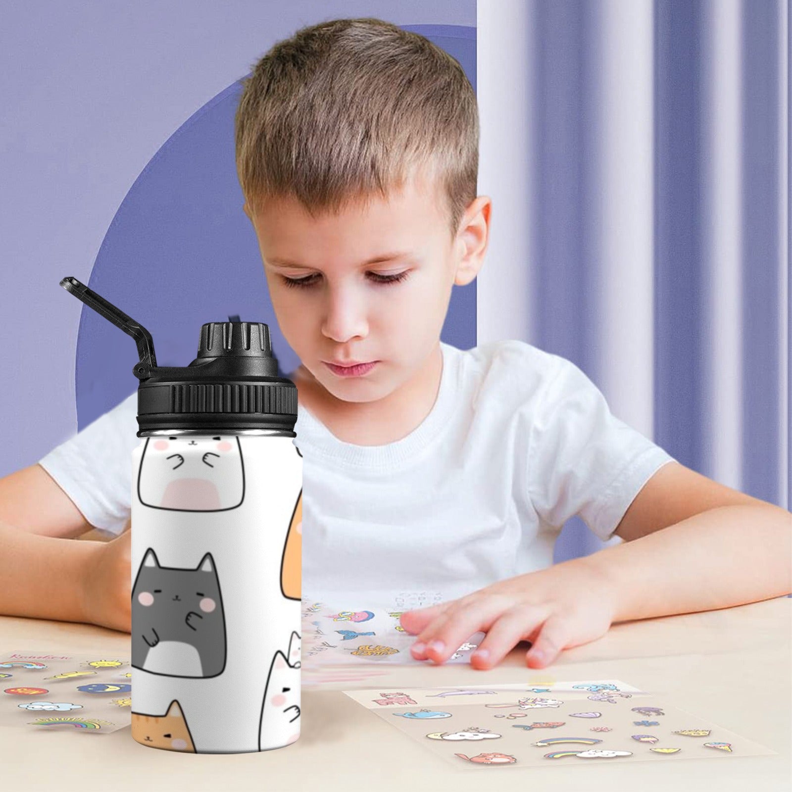 Cats - Kids Water Bottle with Chug Lid (12 oz) Kids Water Bottle with Chug Lid animal Printed Offshore