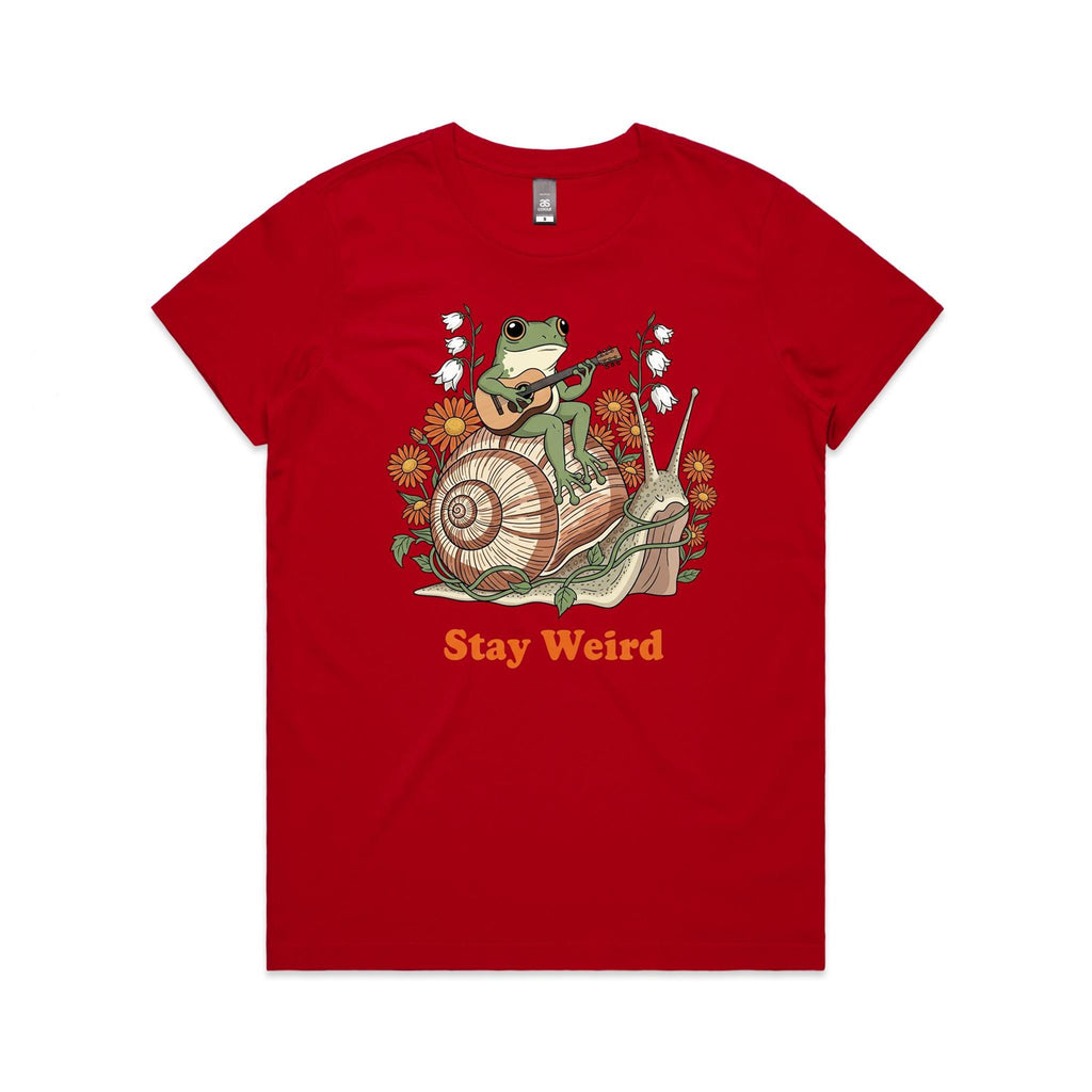 Stay Weird, Guitar Playing Frog On A Snail Women's AS Colour T-shirt Red Womens T-shirt animal Music Printed In Australia