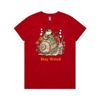 Stay Weird, Guitar Playing Frog On A Snail Women's AS Colour T-shirt Red Womens T-shirt animal Music Printed In Australia