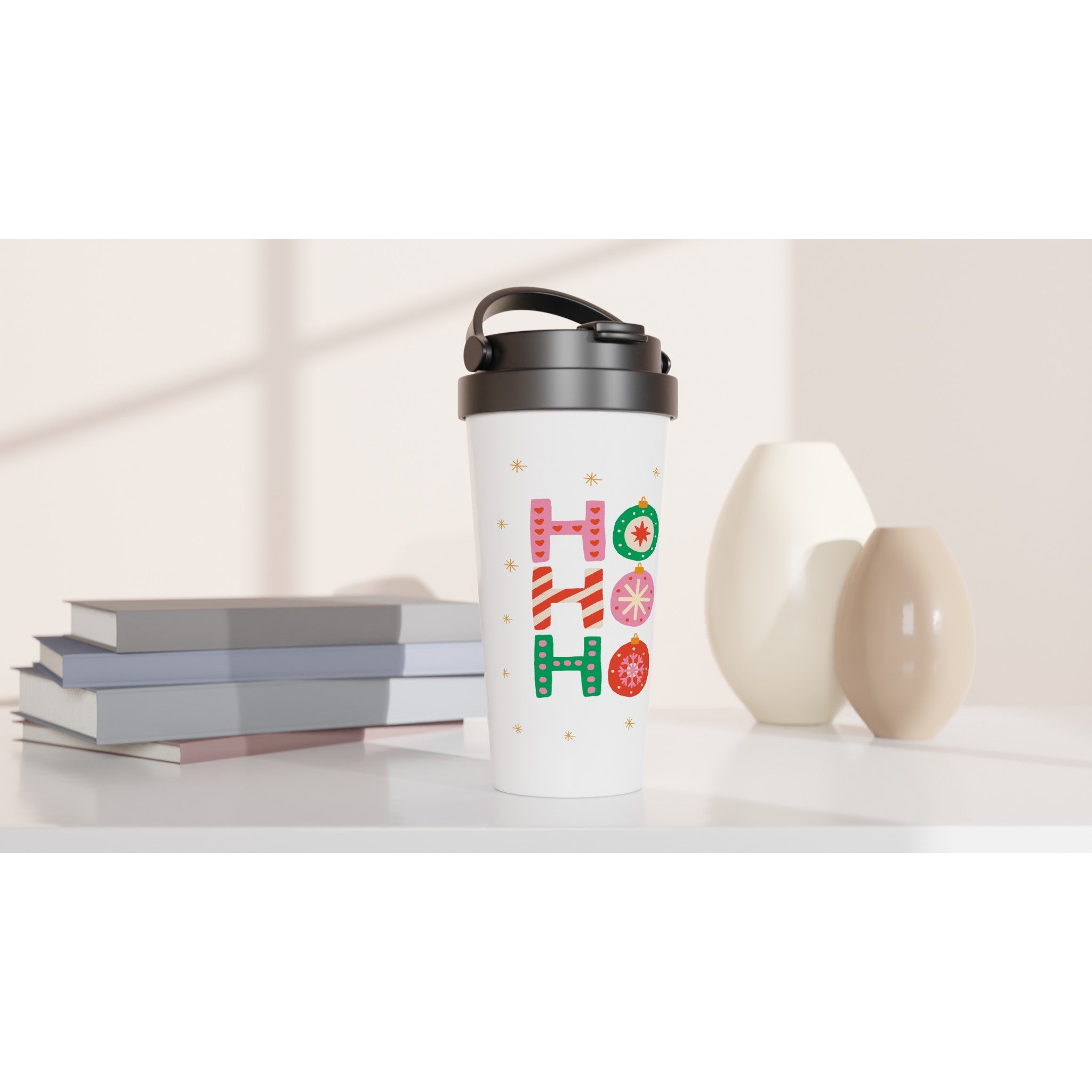 Christmas Ho Ho Ho - White 15oz Stainless Steel Travel Mug Christmas Travel Mug Christmas Globally Fulfilled