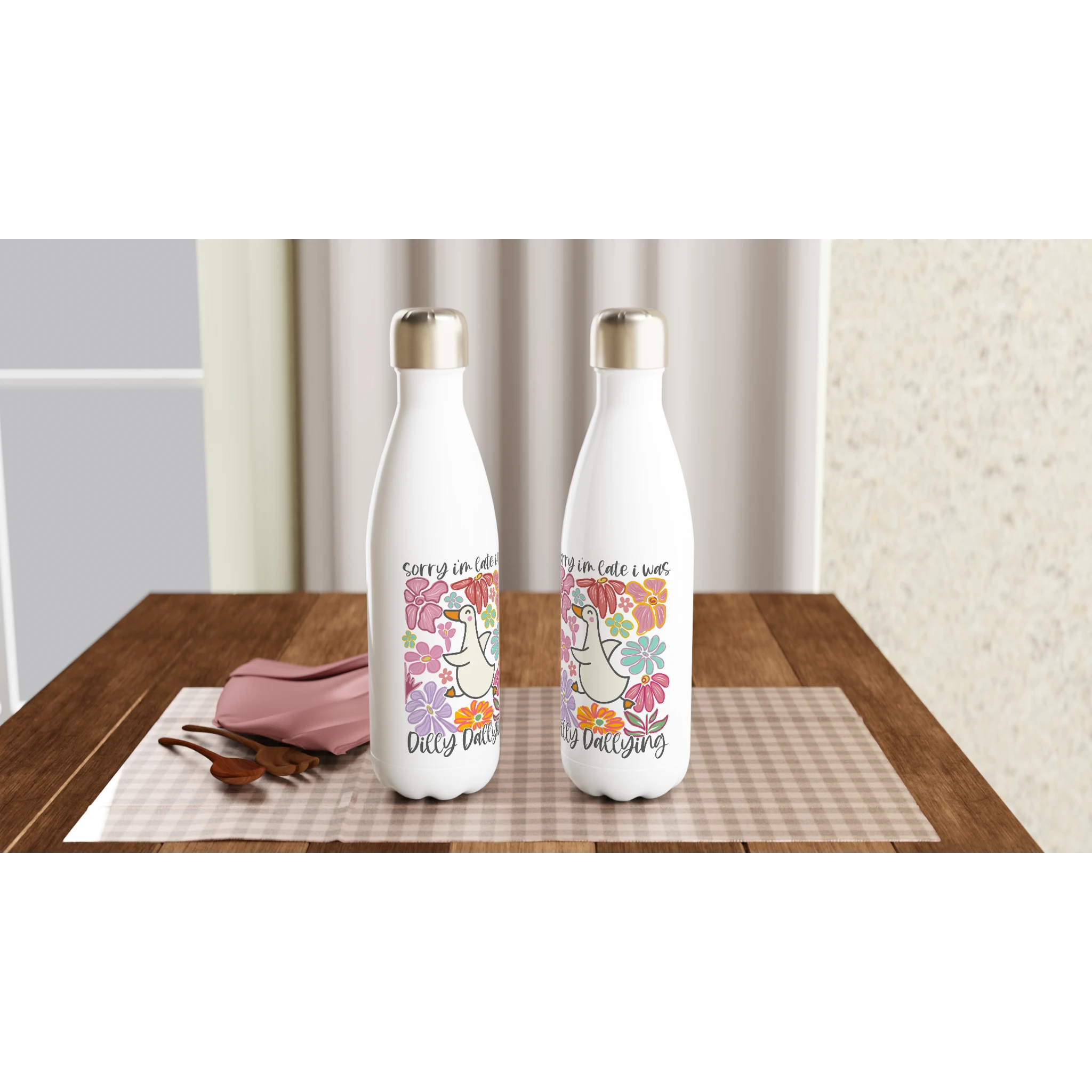 Sorry I'm Late, I Was Dilly Dallying - White 17oz Stainless Steel Water Bottle White Water Bottle animal Globally Fulfilled