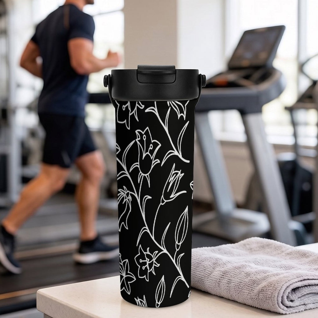 Black And White Floral 20oz Tea Tumbler with Carry Handle