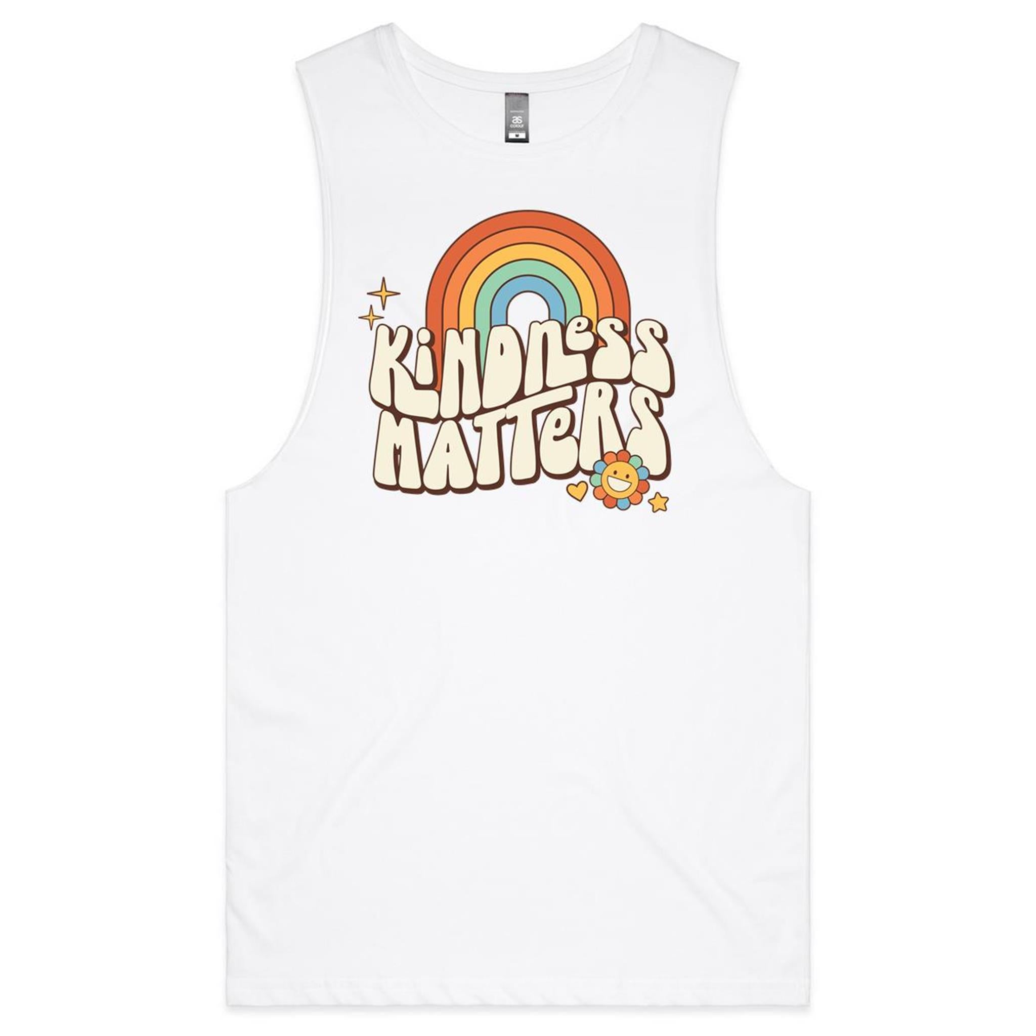Kindness Matters - Mens Tank Top Tee White Drop Arm Tank Top Kindness Printed In Australia