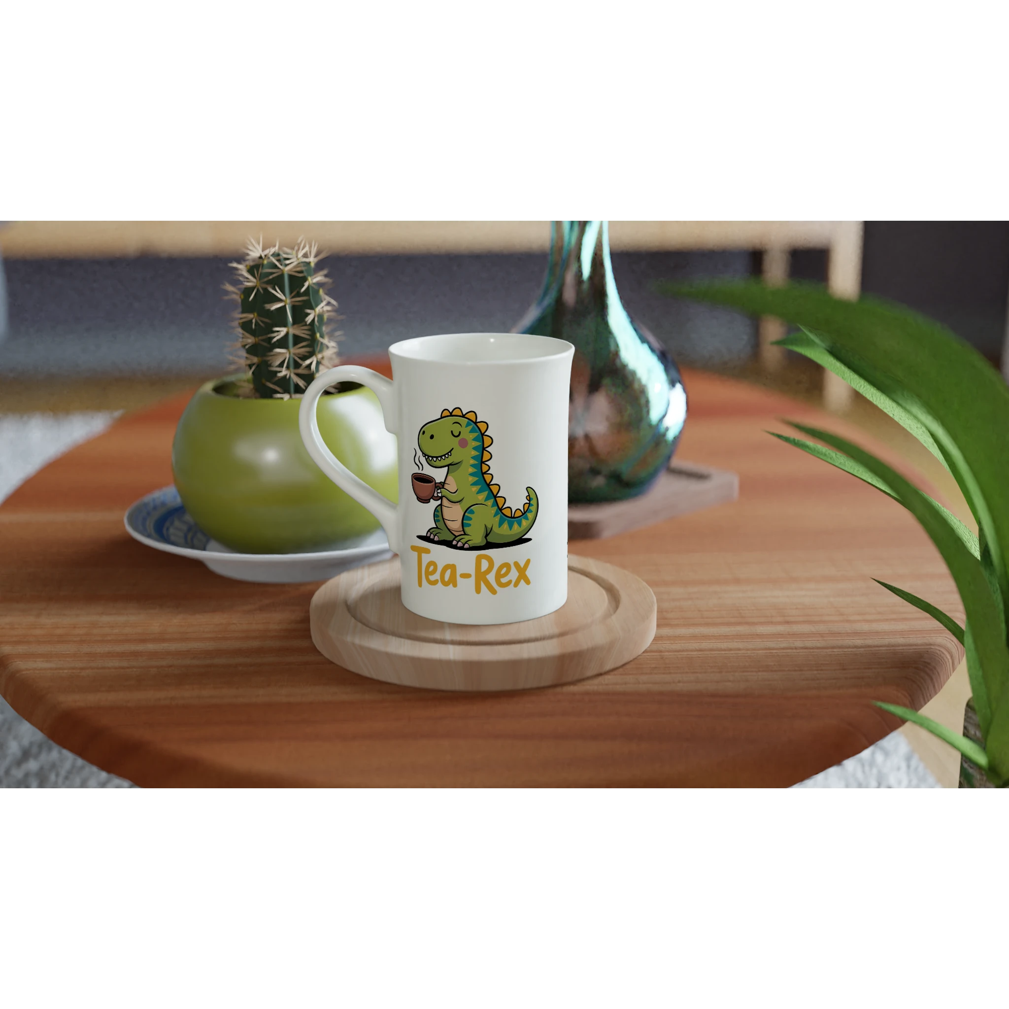 Personalised Tea-Rex, Tea Drinking Dinosaur White 10oz Porcelain Slim Mug Personalised Porcelain Mug animal Globally Fulfilled Tea