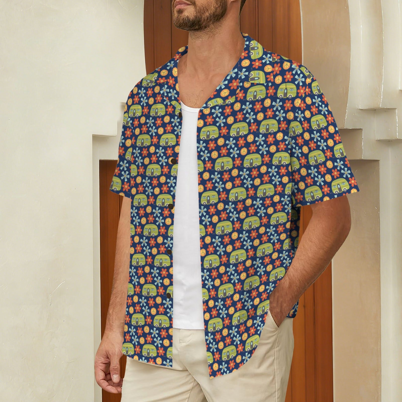 Hippie Caravan Men's Short Sleeve Hawaiian Shirt Men's Hawaiian Shirt (New) Printed Offshore Retro