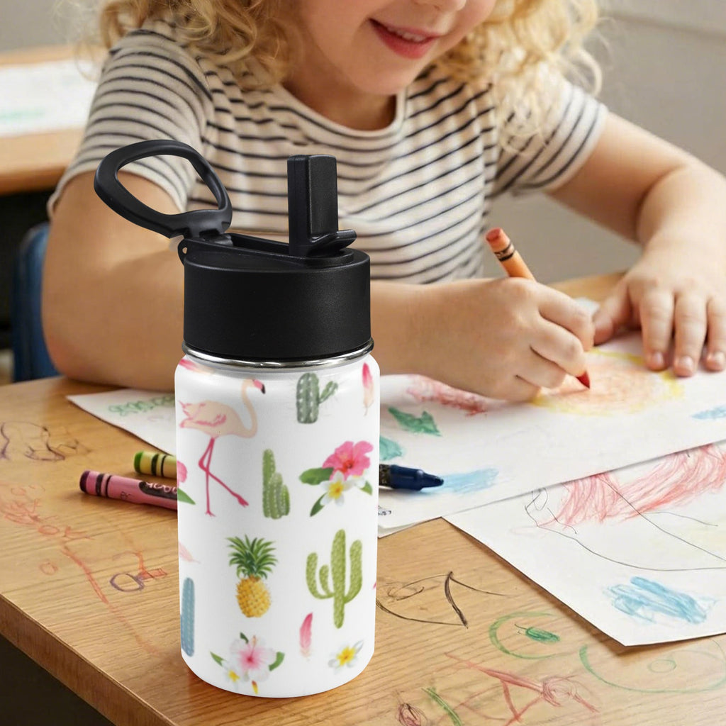 Flamingos And Cactus 12oz Kids Water Bottle with Straw Lid