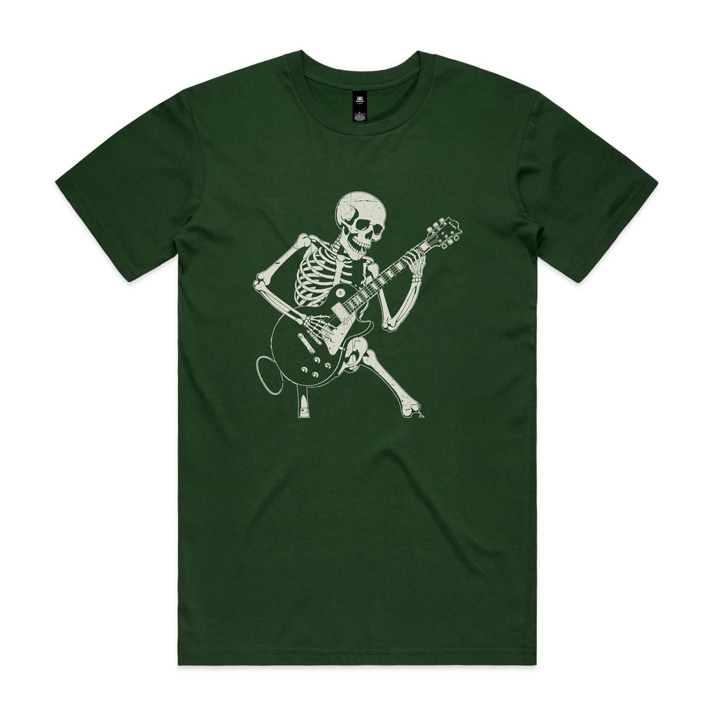 Skeleton Playing Guitar Men's AS Colour T-shirt Forest Green Mens T-shirt Music Printed In Australia