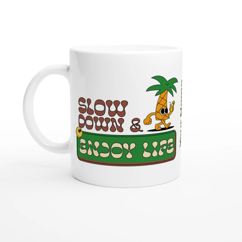 Personalise - Slow Down And Enjoy Life - White 11oz Ceramic Mug Ceramic White Personalised Mug customise Globally Fulfilled personalise Retro