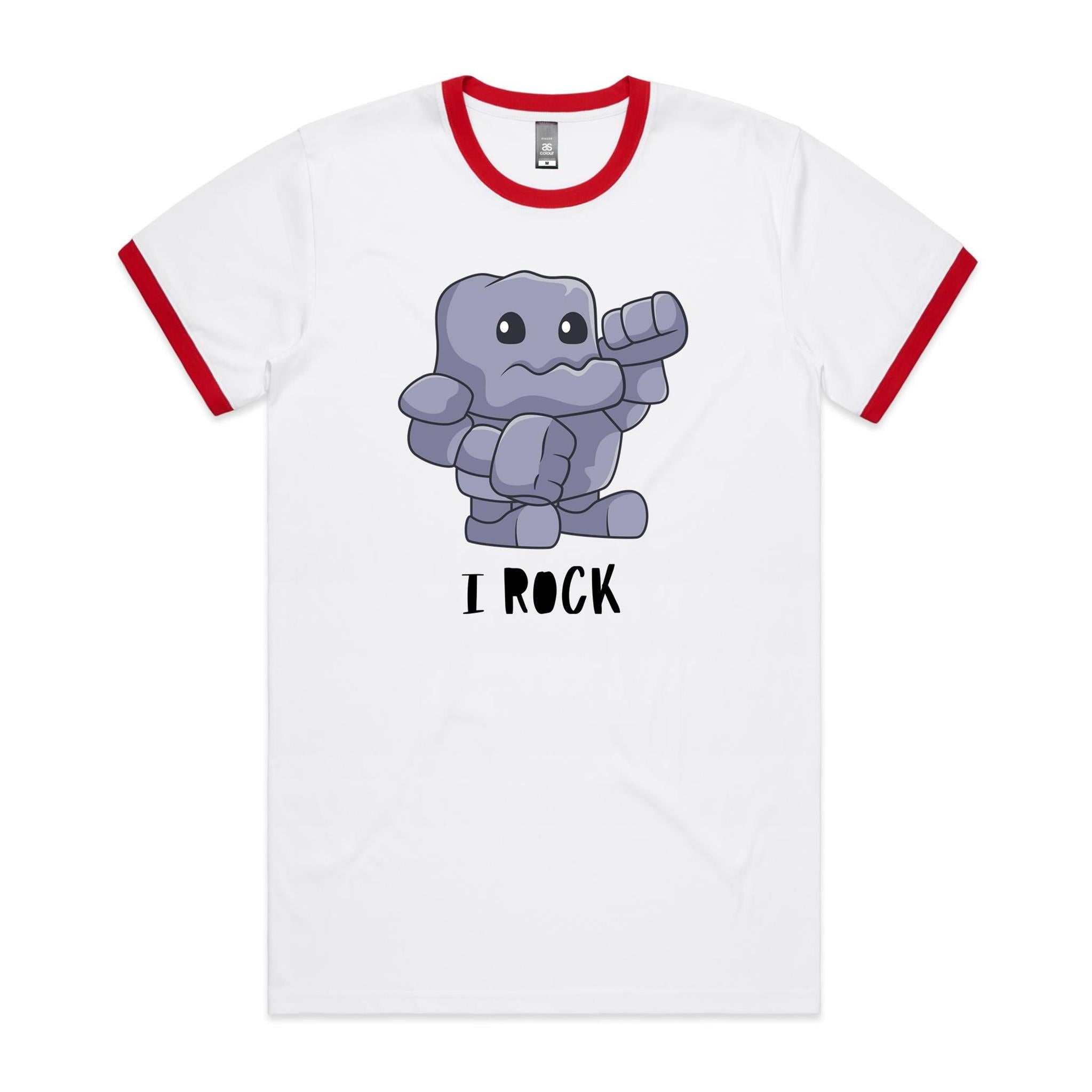 I Rock - Staple Ringer Tee White Red Ringer T-Shirt Music Printed In Australia