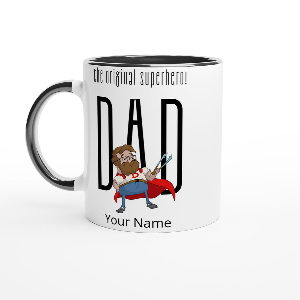 Personalised - Dad, The Original Superhero - White 11oz Ceramic Mug with Colour Inside Ceramic Black Personalised 11oz Mug comic Customise Dad Globally Fulfilled Name Personalise