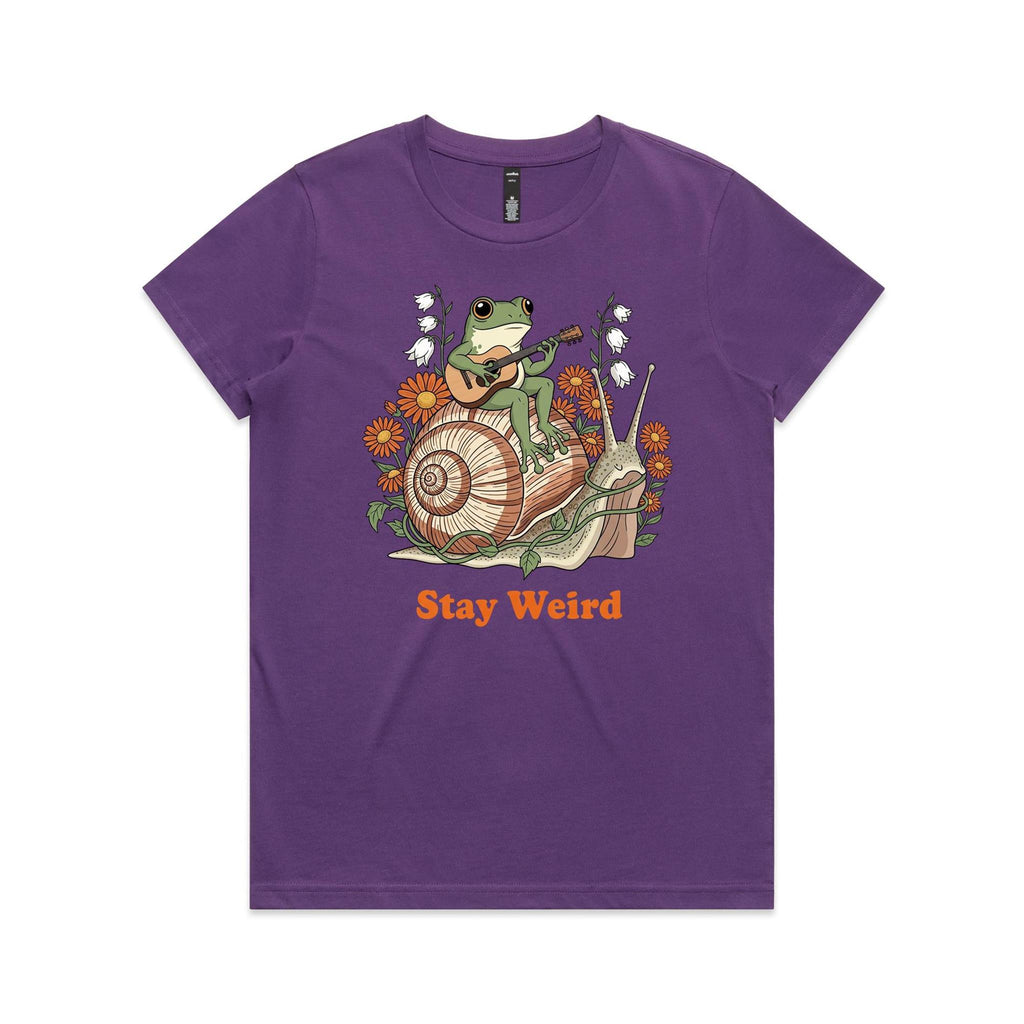 Stay Weird, Guitar Playing Frog On A Snail Women's AS Colour T-shirt Purple Womens T-shirt animal Music Printed In Australia