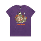 Stay Weird, Guitar Playing Frog On A Snail Women's AS Colour T-shirt Purple Womens T-shirt animal Music Printed In Australia