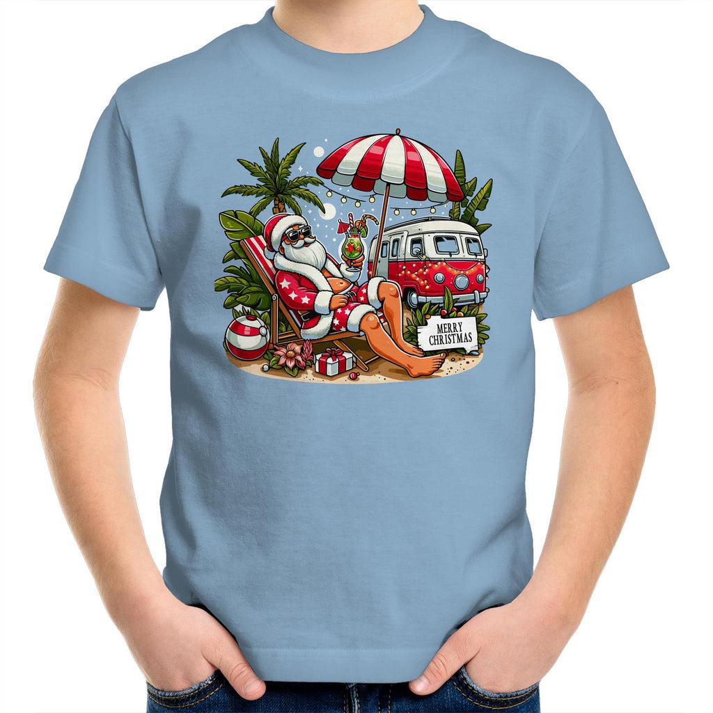 Santa By The Beach- Kids Youth T-shirt Carolina Blue Kids Christmas T-shirt Christmas Printed In Australia