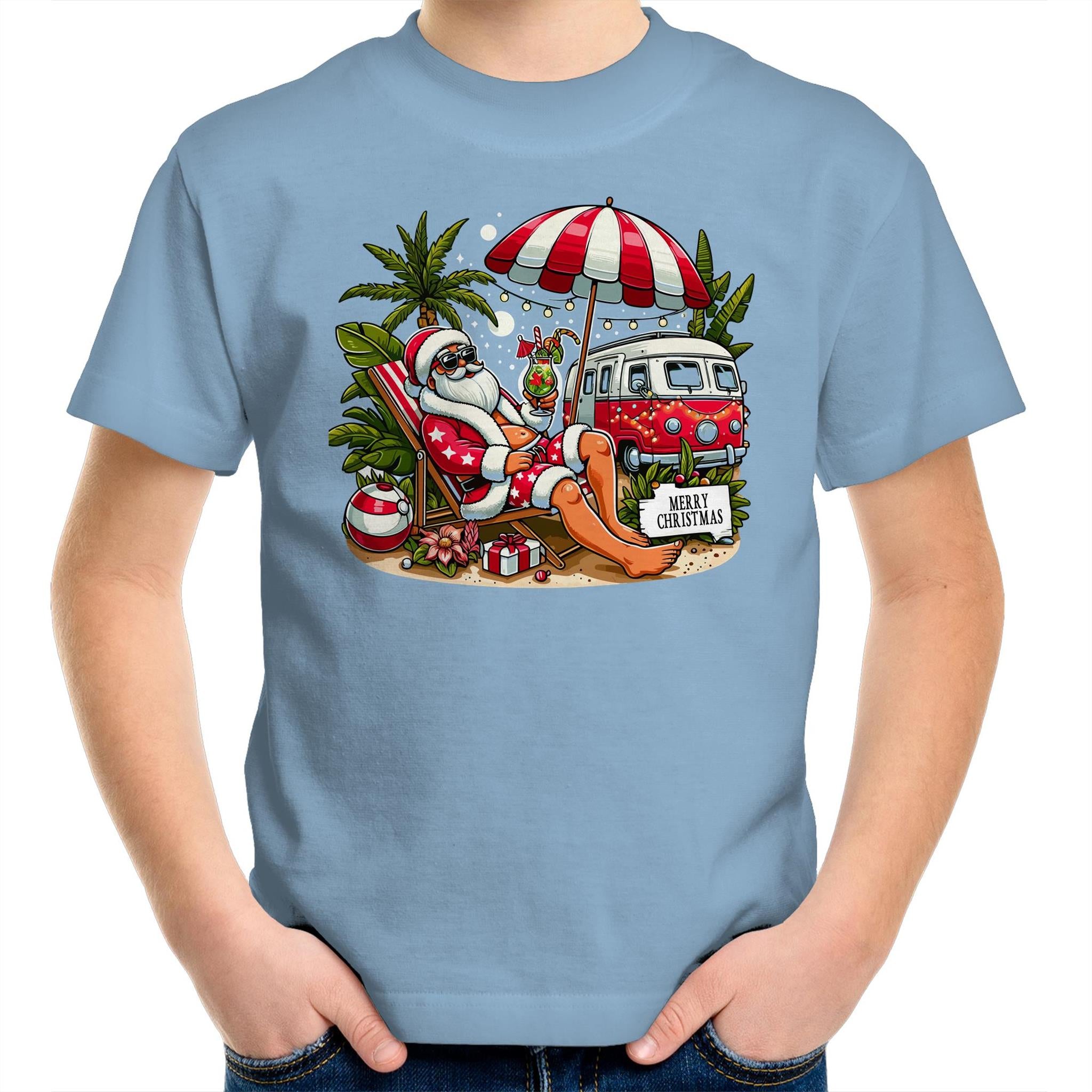 Santa By The Beach- Kids Youth T-shirt Carolina Blue Kids Christmas T-shirt Christmas Printed In Australia