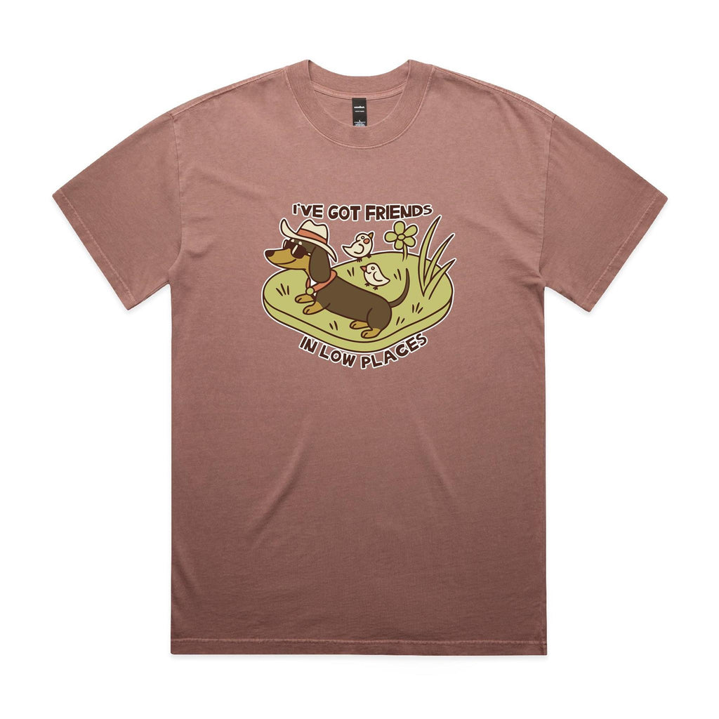 Dachshund, I've Got Friends In Low Places AS Colour Heavy Faded Tee Unisex Faded pink Heavy Faded T-shirt animal Printed In Australia