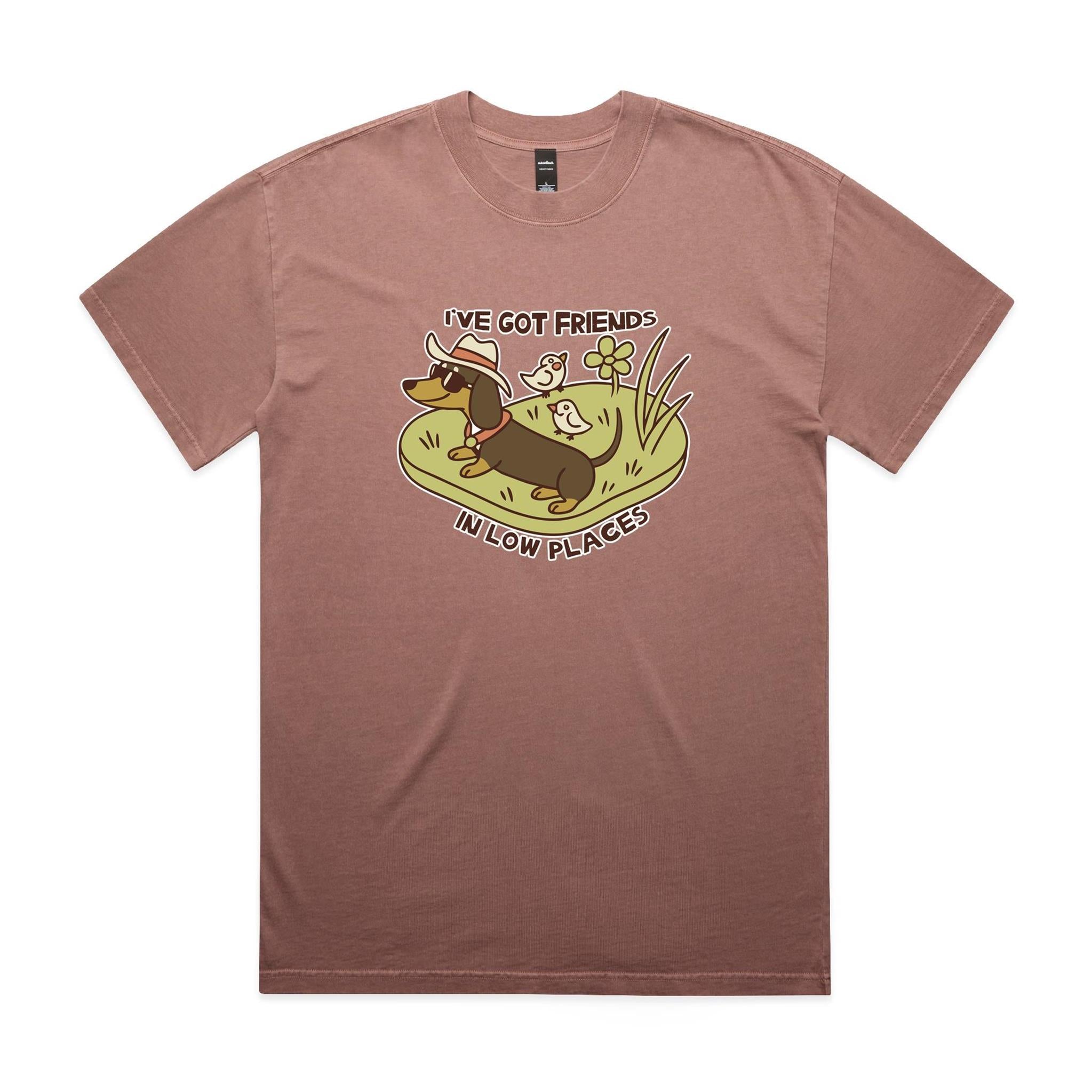 Dachshund, I've Got Friends In Low Places AS Colour Heavy Faded Tee Unisex Faded pink Heavy Faded T-shirt animal Printed In Australia