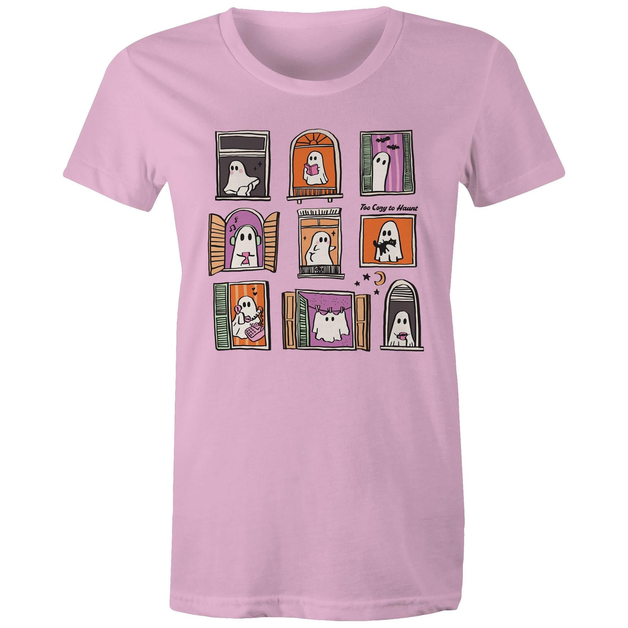 Ghosts In Windows - Womens T-shirt Pink Womens T-shirt Halloween Printed In Australia