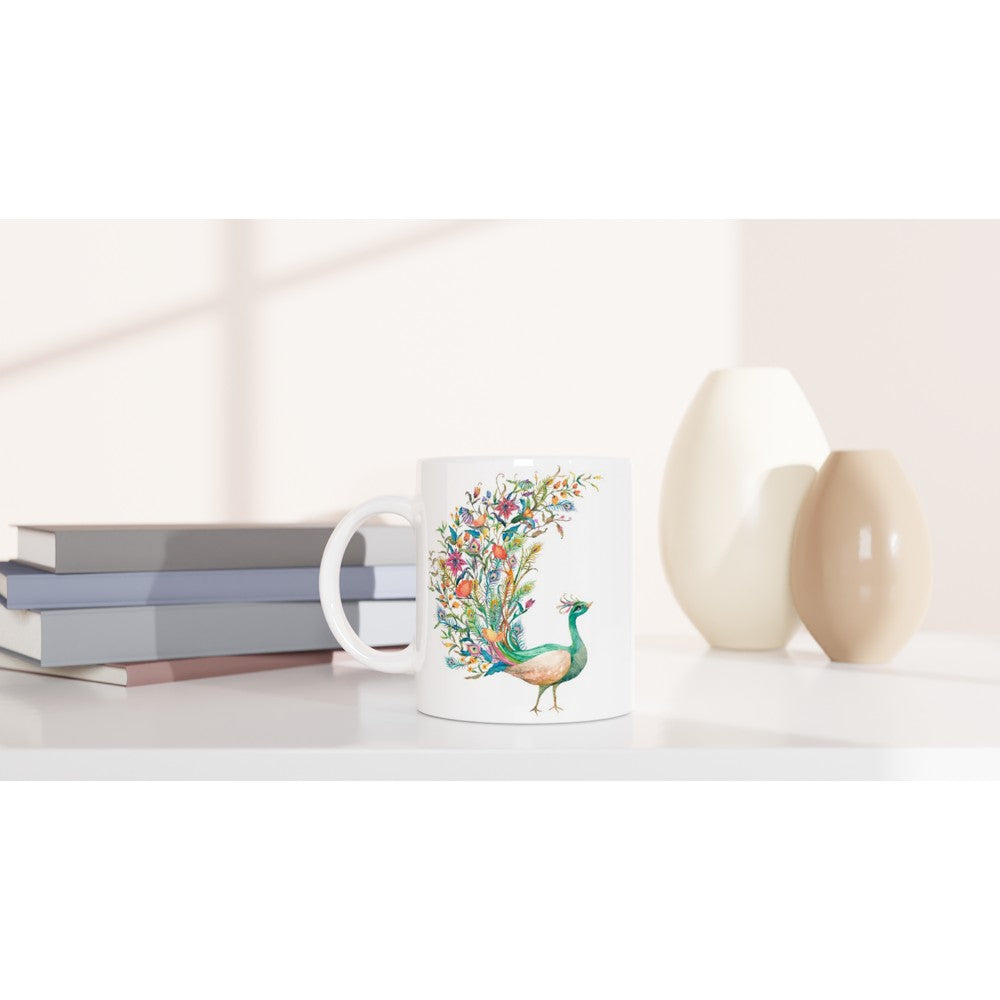 Flower Peacock - White 11oz Ceramic Mug White 11oz Mug animal coffee Globally Fulfilled tea