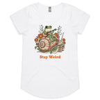 Stay Weird, Guitar Playing Frog On A Snail Women's AS Colour Scoop Neck T-Shirt White Womens Scoop Neck T-shirt animal Music Printed In Australia