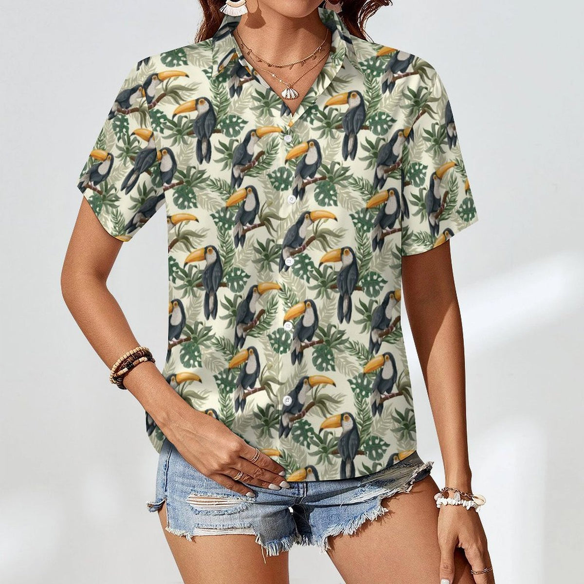 Toucan Jungle Women's Collared Pocketless Short Sleeve Shirt