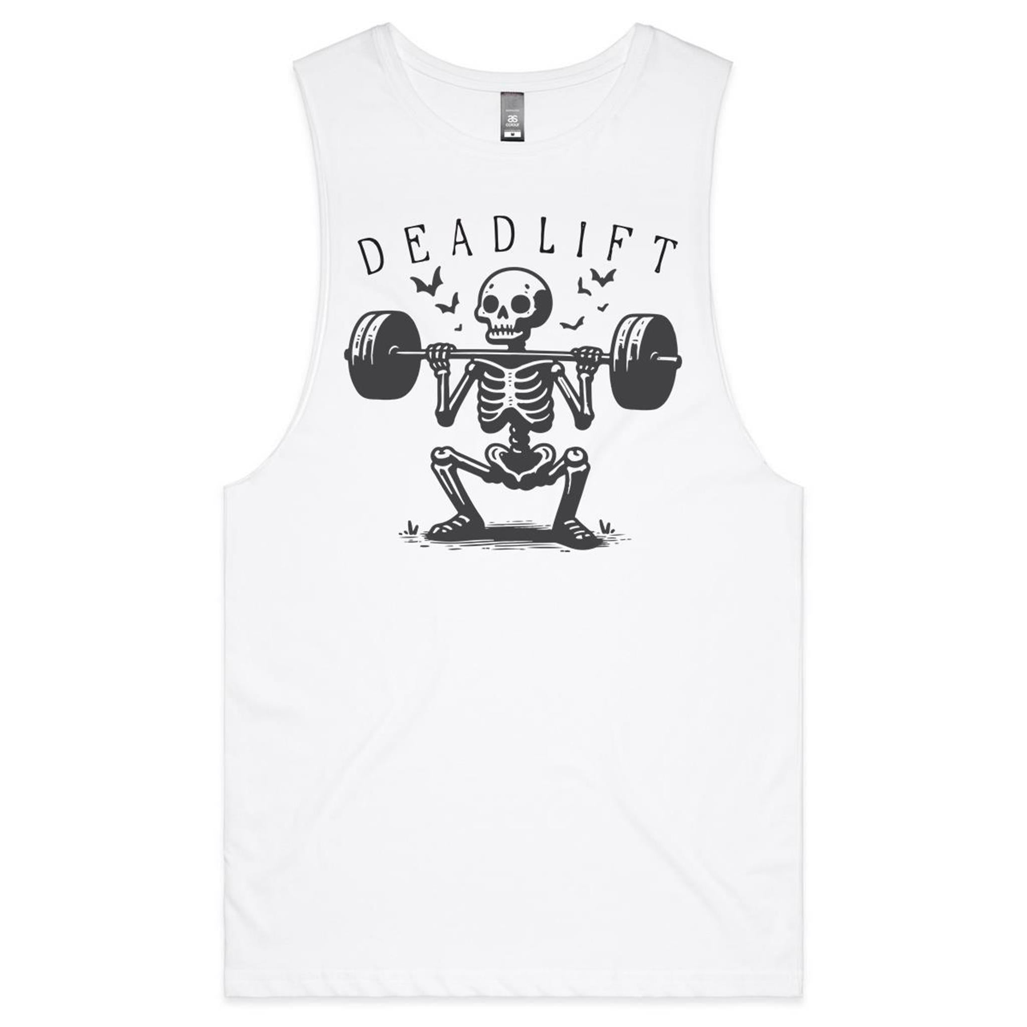 Deadlift, Skeleton Lifting Weights - Tank Top Tee White Drop Arm Tank Top Fitness Printed In Australia