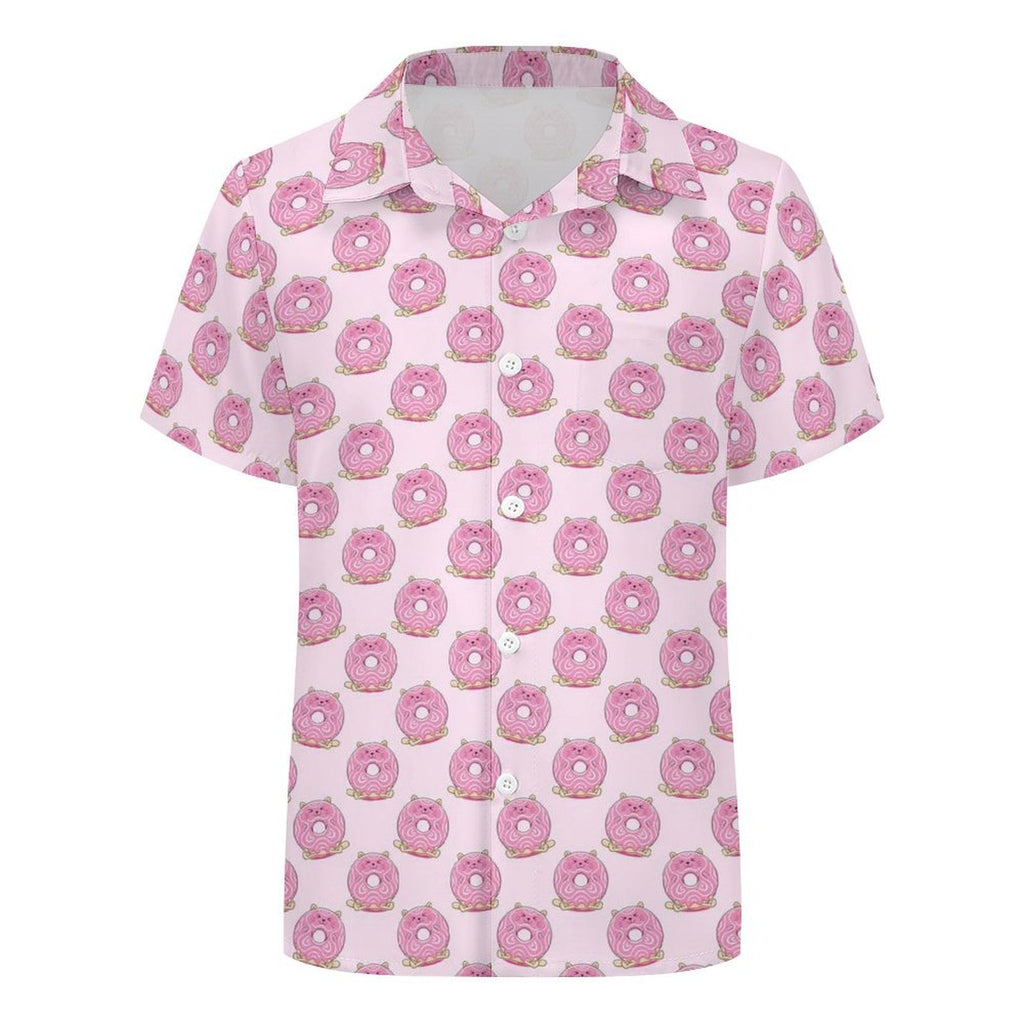 Pink Cat Doughnuts Kids Youth Short Sleeve Button Up Shirt