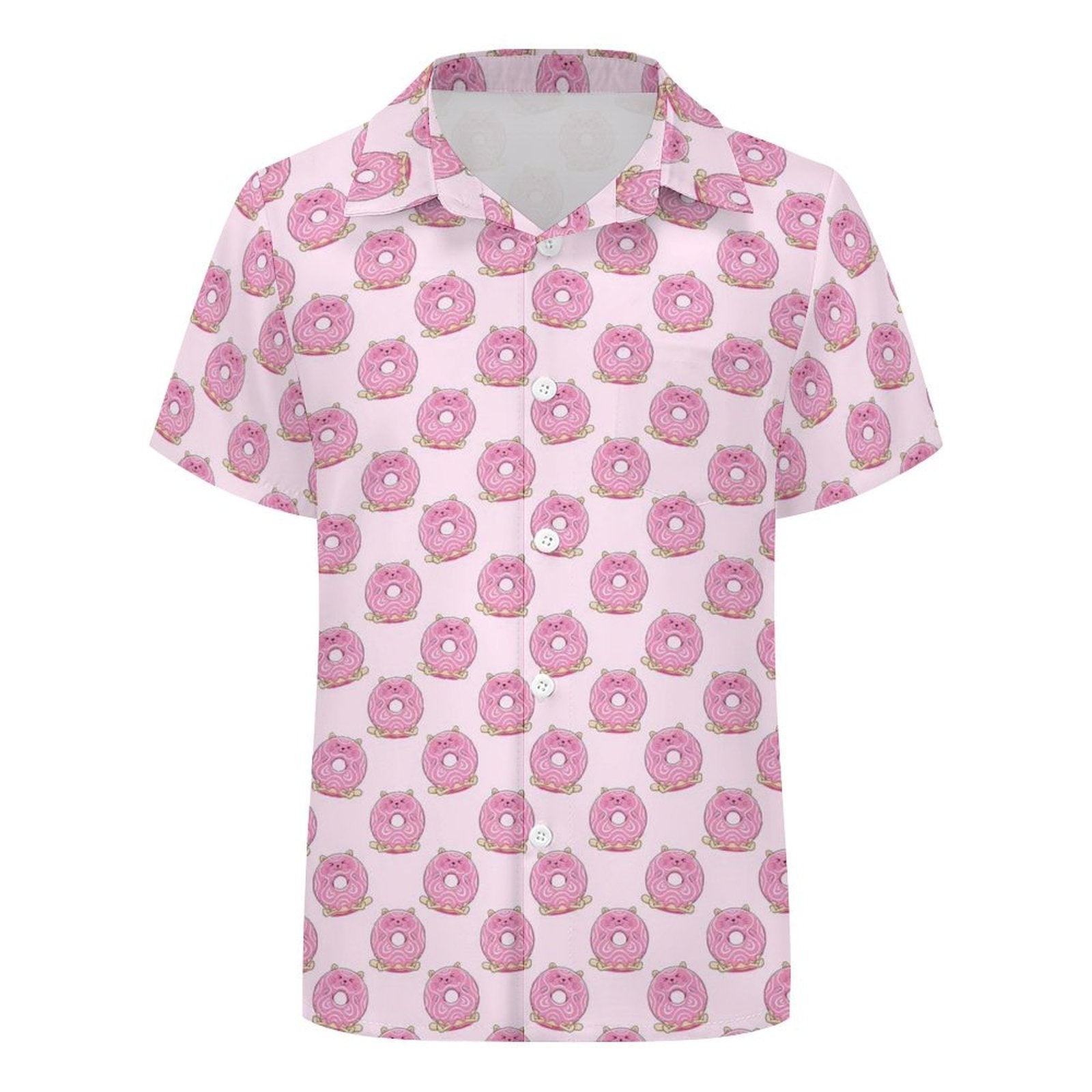 Pink Cat Doughnuts Kids Youth Short Sleeve Button Up Shirt
