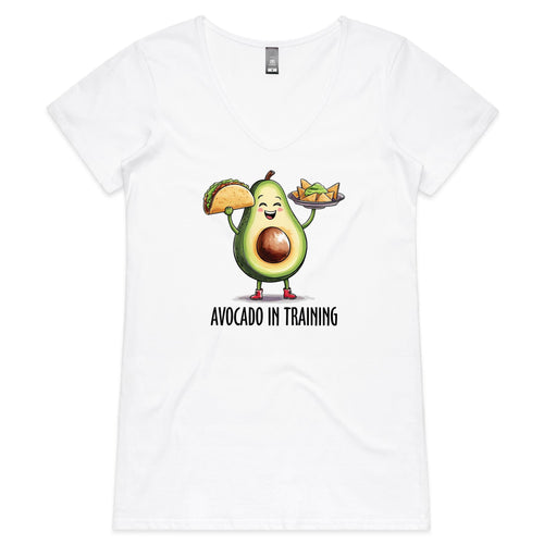 Avocado In Training, Gym - Womens V-Neck T-Shirt White Womens Active V-Neck T-shirt Fitness Printed In Australia