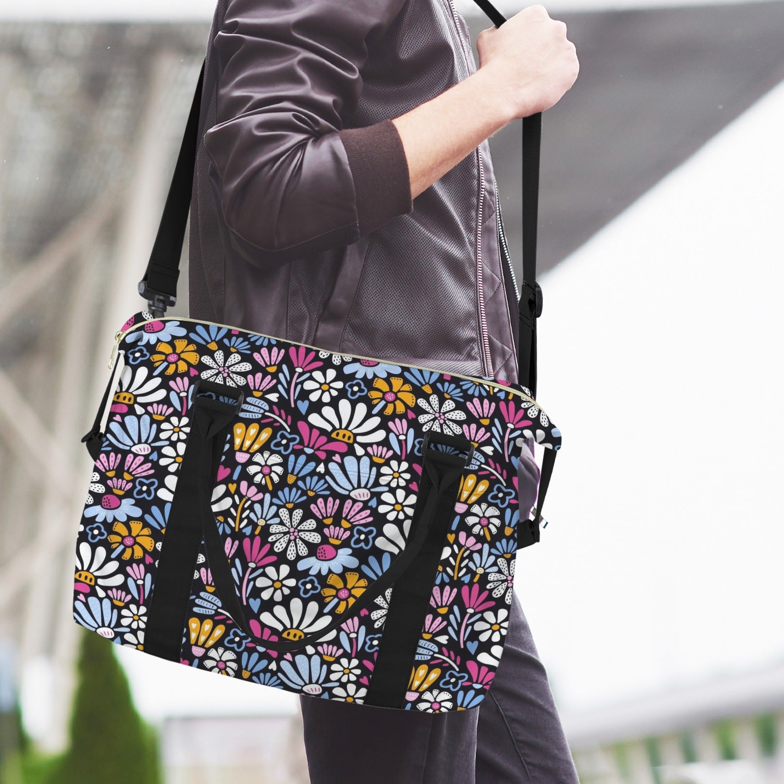 Graphic Flowers On Black Duffle Bag-Simple (Model 1715) Duffle Bag-Simple (1715)