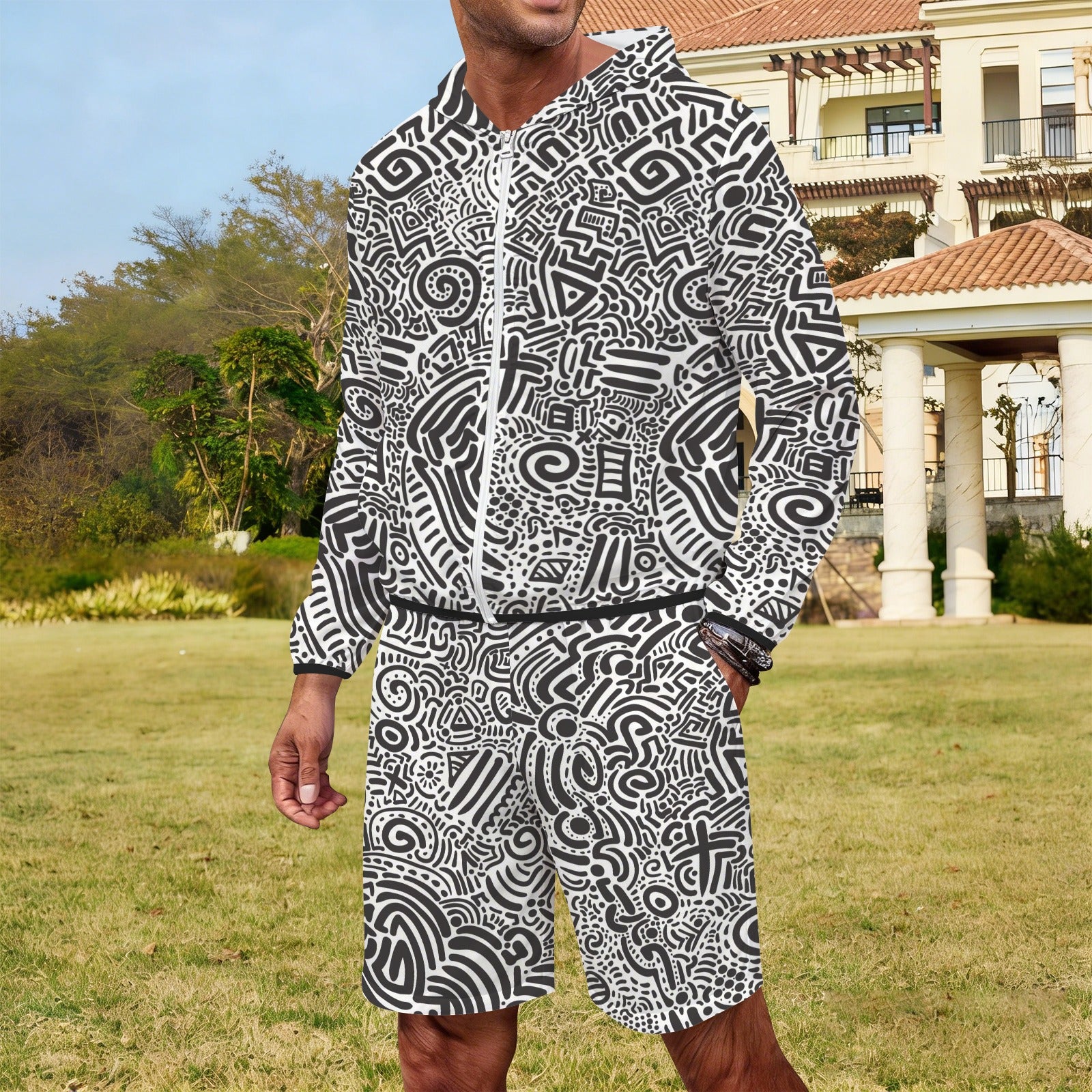 Black And White Men's Lightweight Sun Hoodie & Shorts Set Men's Lightweight Sun Hoodie & Shorts Printed Offshore