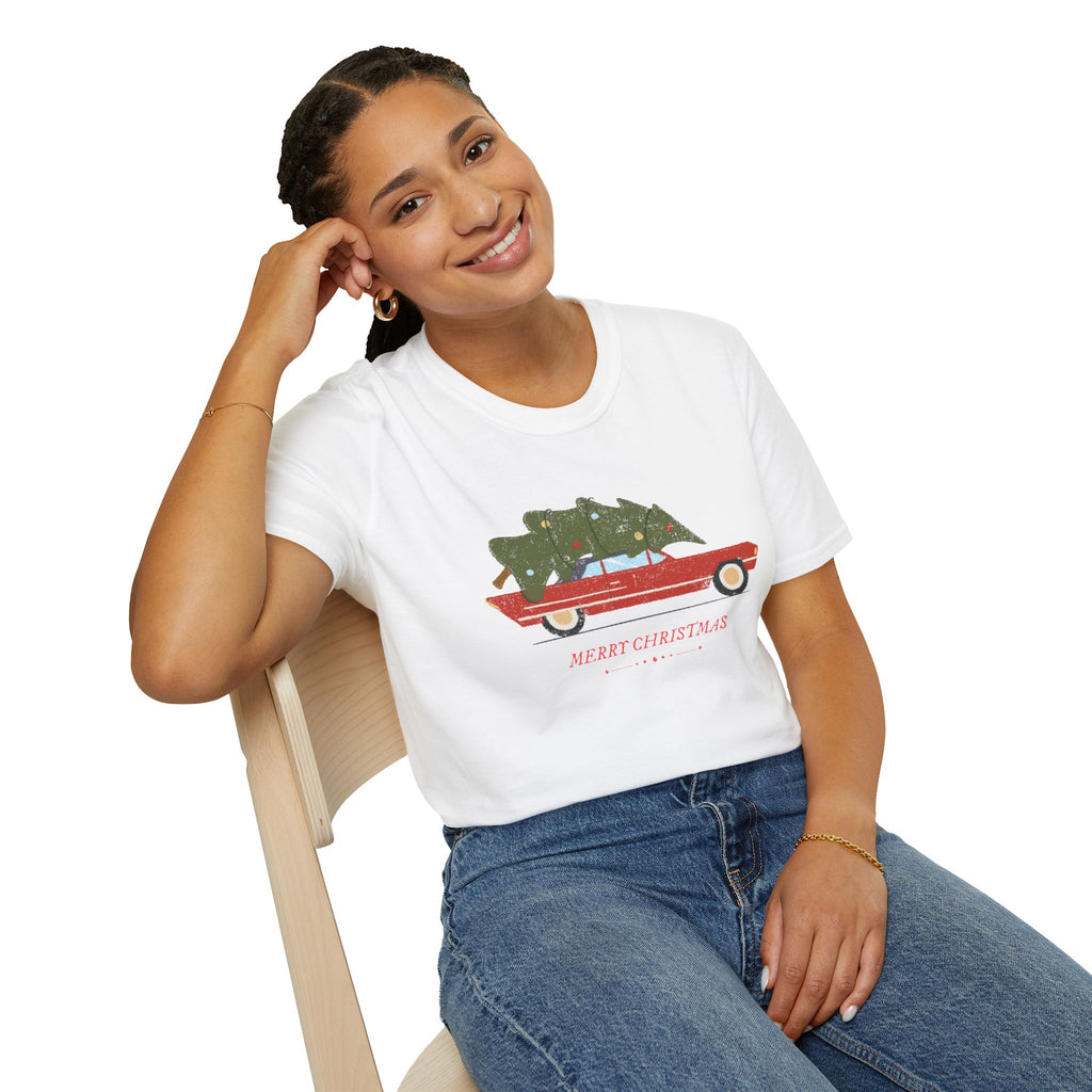 Retro Christmas Tree On Car - Unisex Softstyle T-Shirt