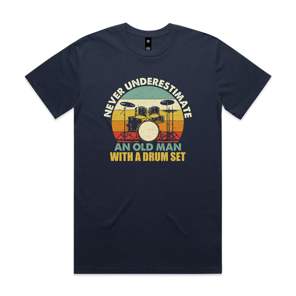 Never Underestimate An Old Man With A Drum Set Men's AS Colour T-shirt Midnight Blue Mens T-shirt Music Printed In Australia