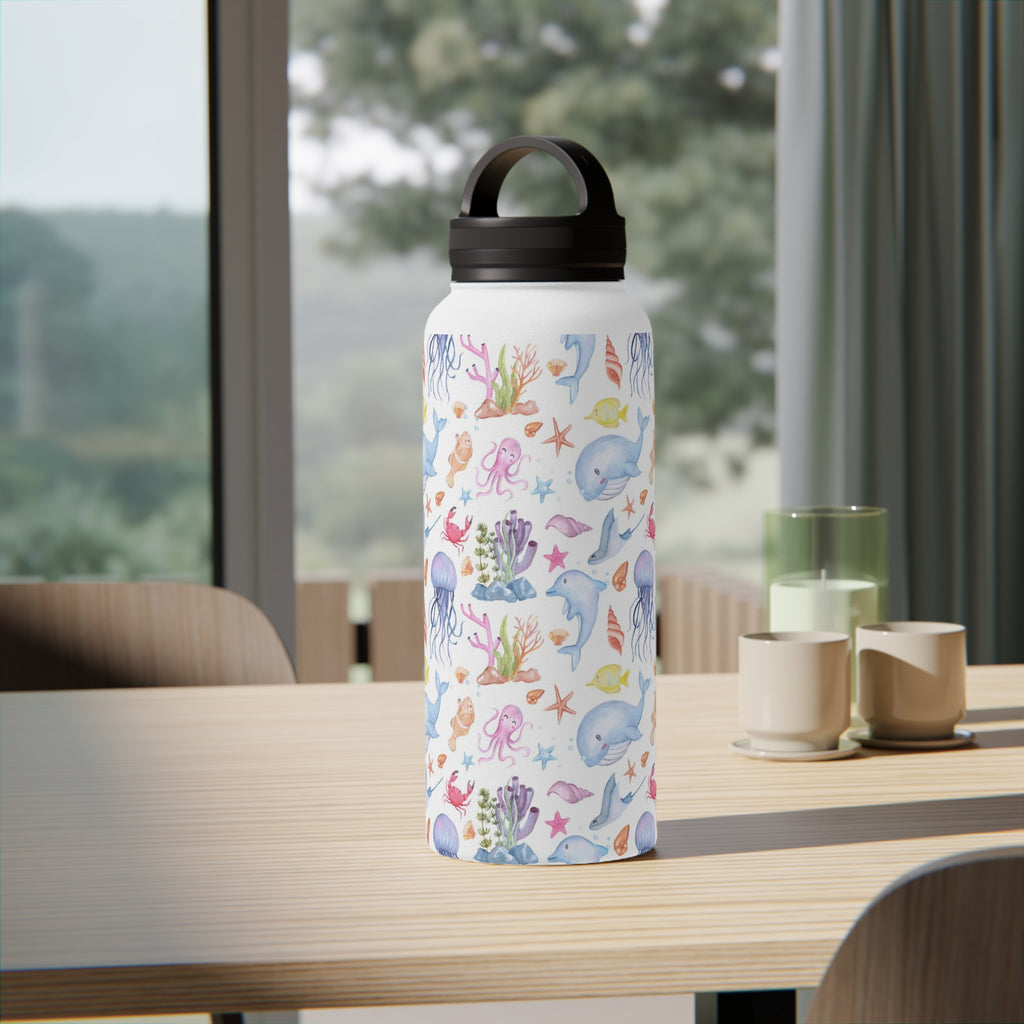 Under The Sea, Ocean Animals Stainless Steel Water Bottle, Handle Lid White 32oz Stainless Steel Water Bottle With Handle Lid Globally Fulfilled Ocean