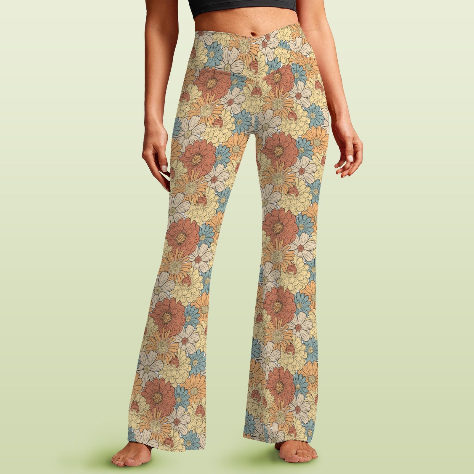 Vintage Retro Floral High Waist Crossover Tummy Control Flare Leggings 5XL High Waist Flare Leggings Plants Printed Offshore Retro