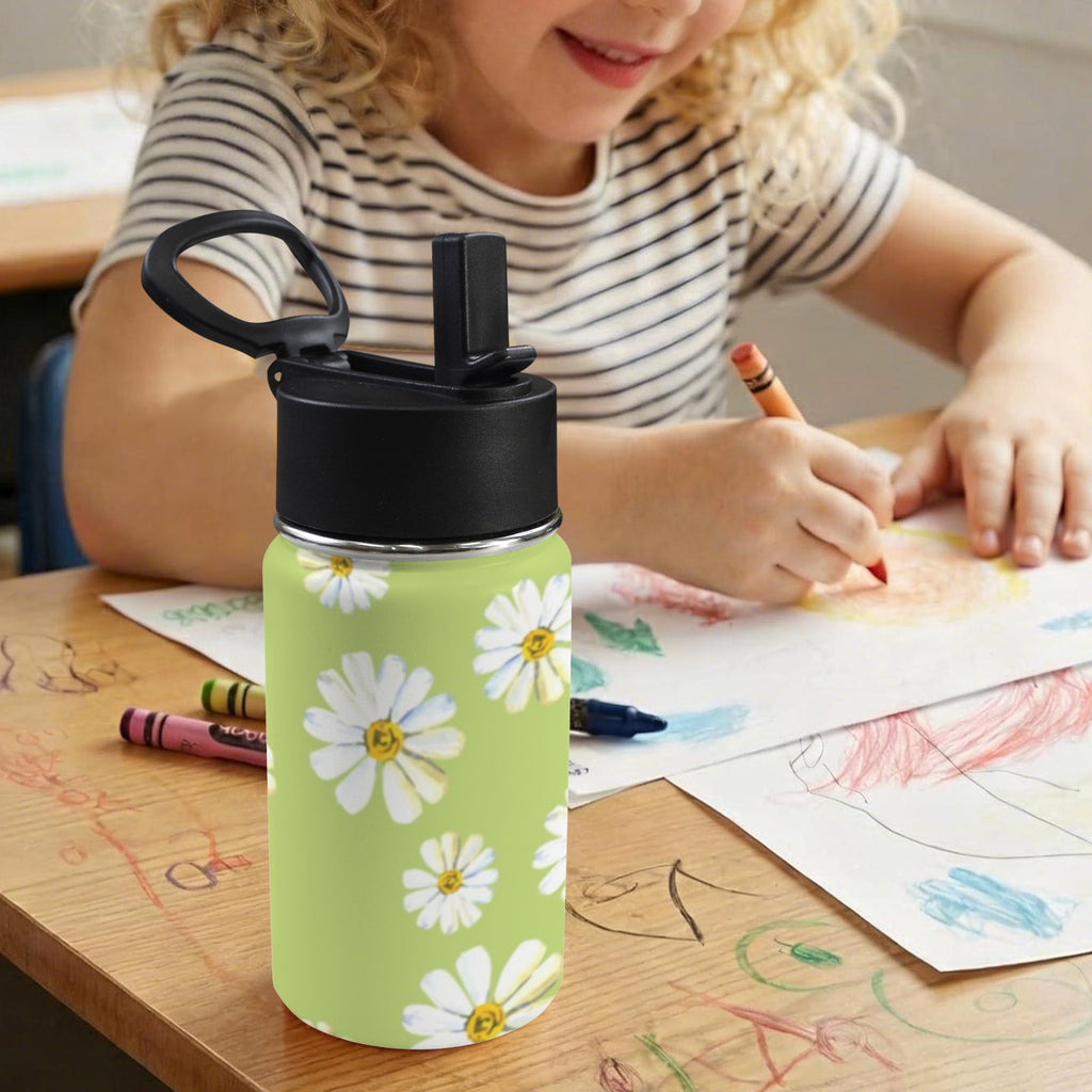 White Flower On Green 12oz Kids Water Bottle with Straw Lid