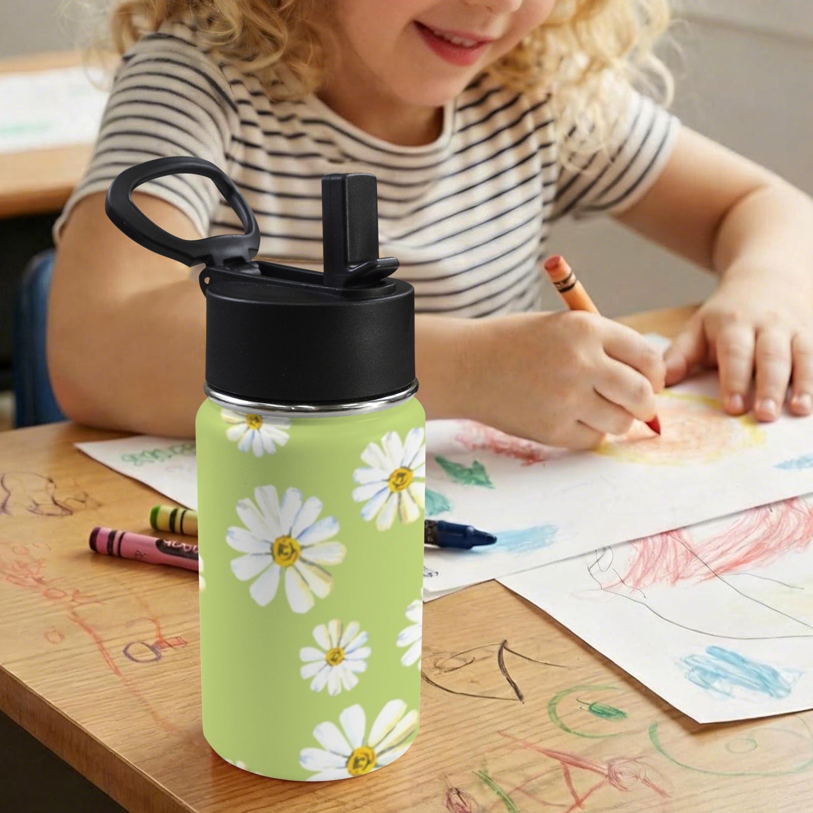 White Flower On Green 12oz Kids Water Bottle with Straw Lid