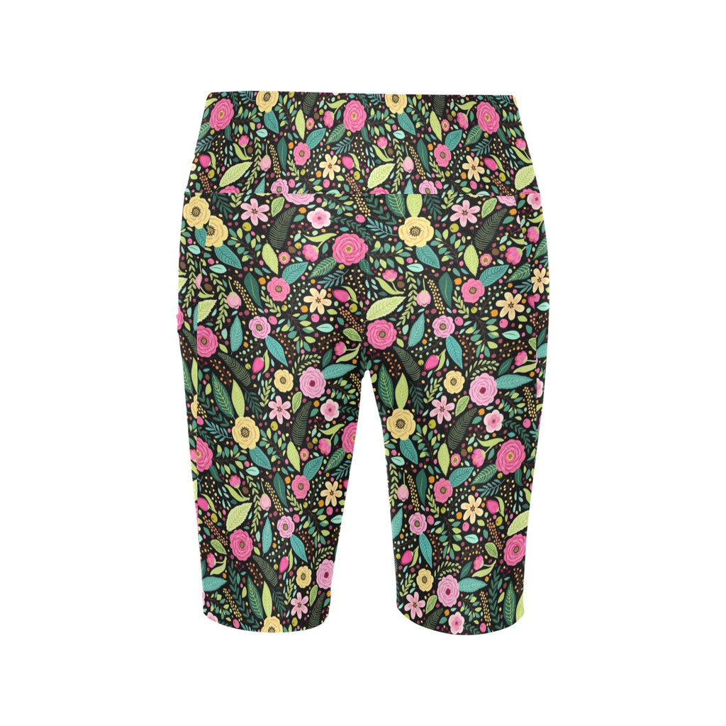 Bright Floral And Leaves Women's Bike Shorts With Side Pockets