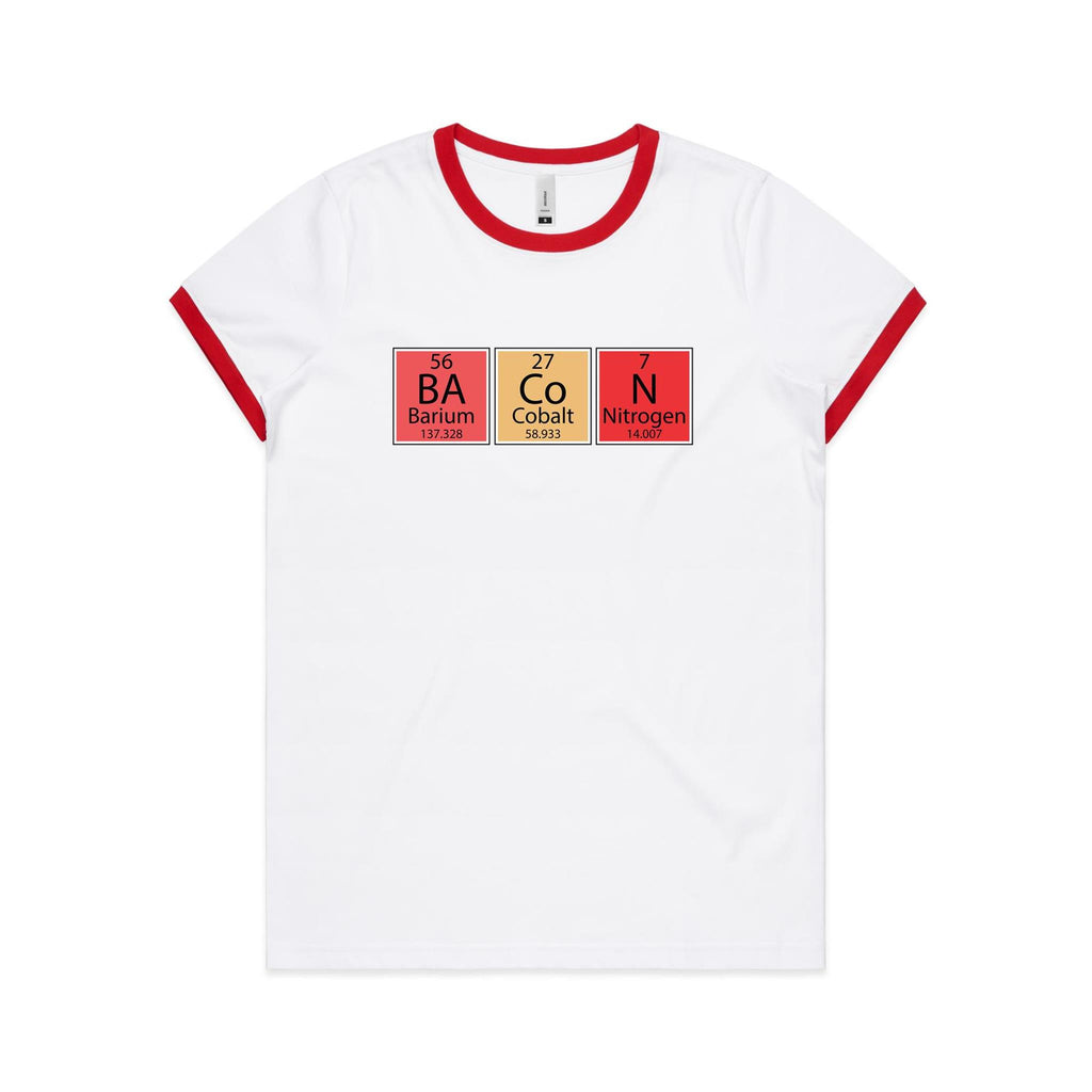 Bacon Periodic Table - Women's Ringer Tee White Red Womens Ringer T-shirt Food Printed In Australia Science