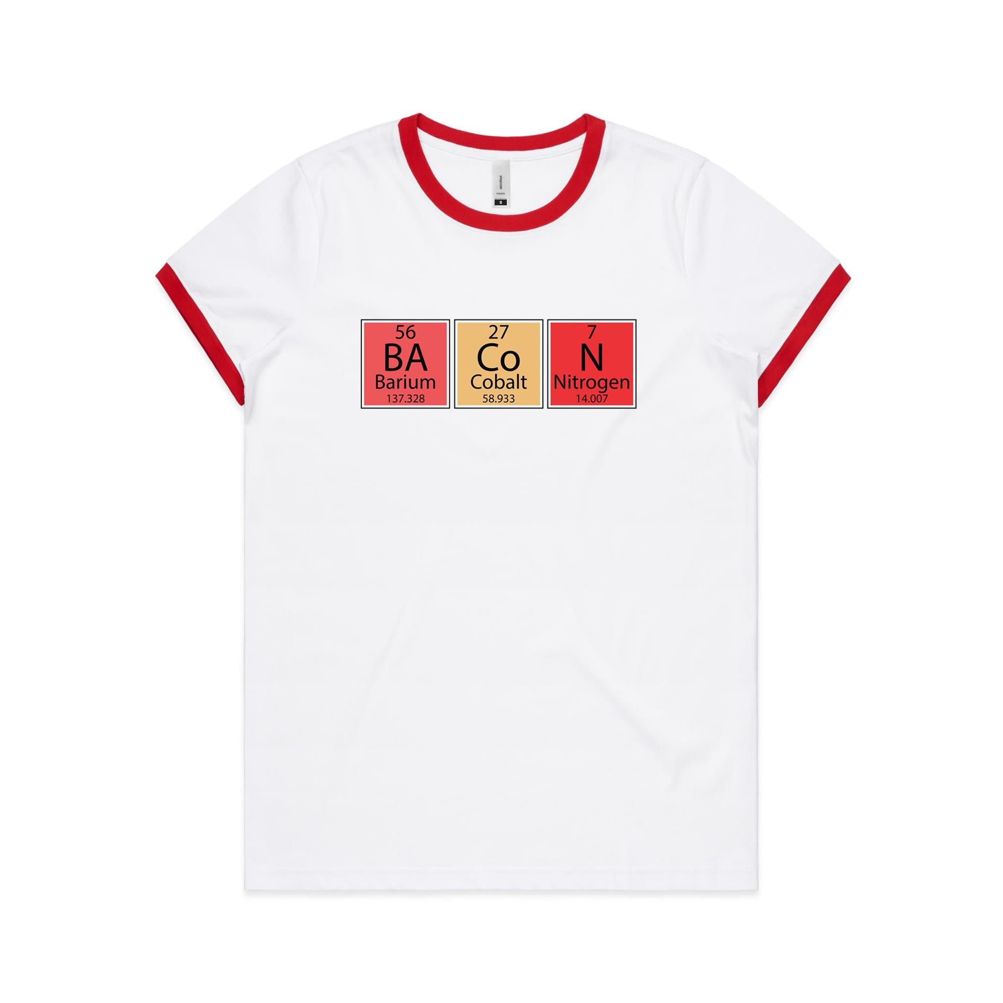 Bacon Periodic Table - Women's Ringer Tee White Red Womens Ringer T-shirt Food Printed In Australia Science
