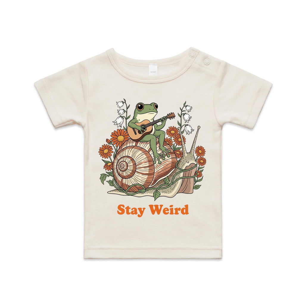Stay Weird, Guitar Playing Frog On A Snail AS Colour Baby T-shirt Natural Baby T-shirt animal Music Printed In Australia