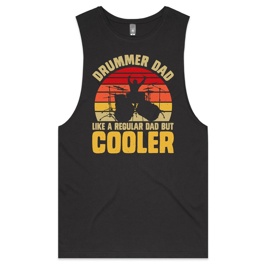 Drummer Dad, Like A Regular Dad But Cooler Mens Men's AS Colour Drop Arm Tank Top Coal Drop Arm Tank Top Dad Music Printed In Australia