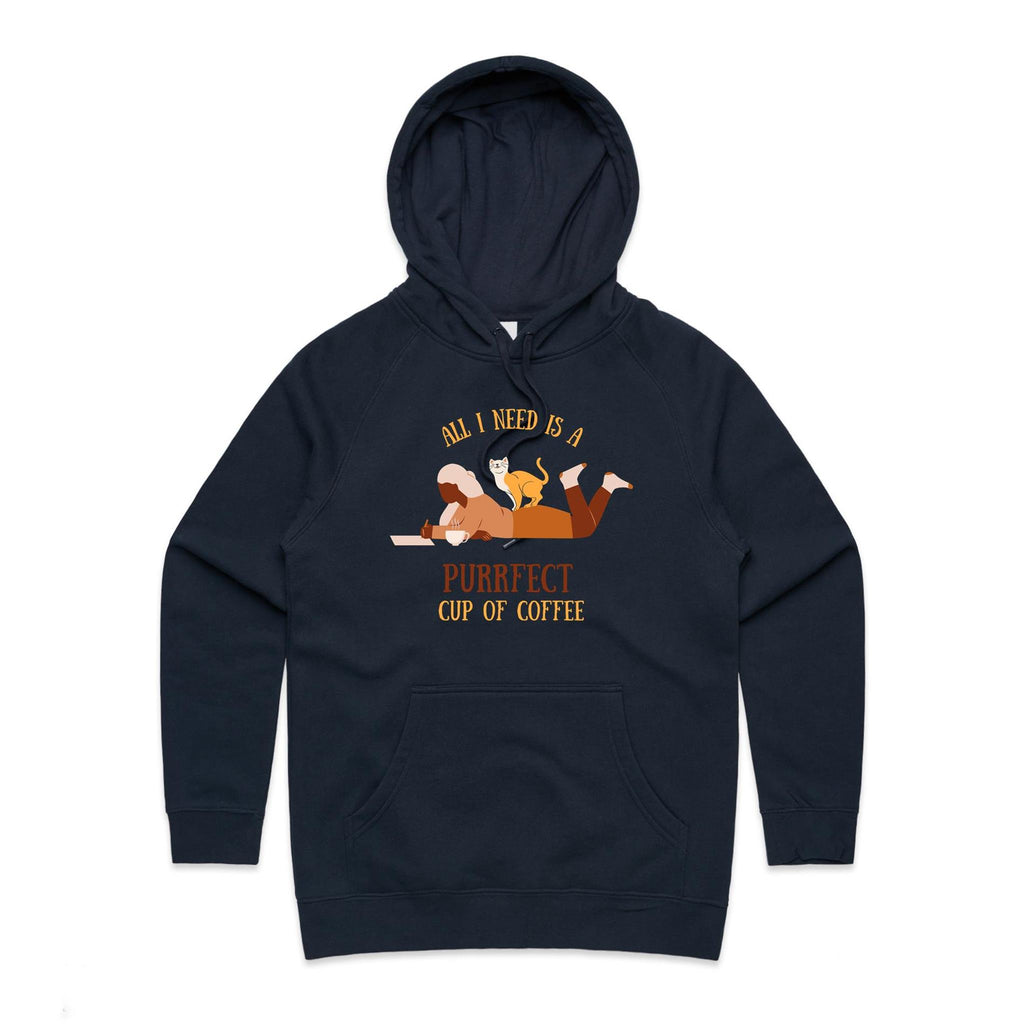 All I Need Is A Purrfect Cup Of Coffee, Cat - Womens Hoodie Navy Womens Hoodie animal Coffee Printed In Australia