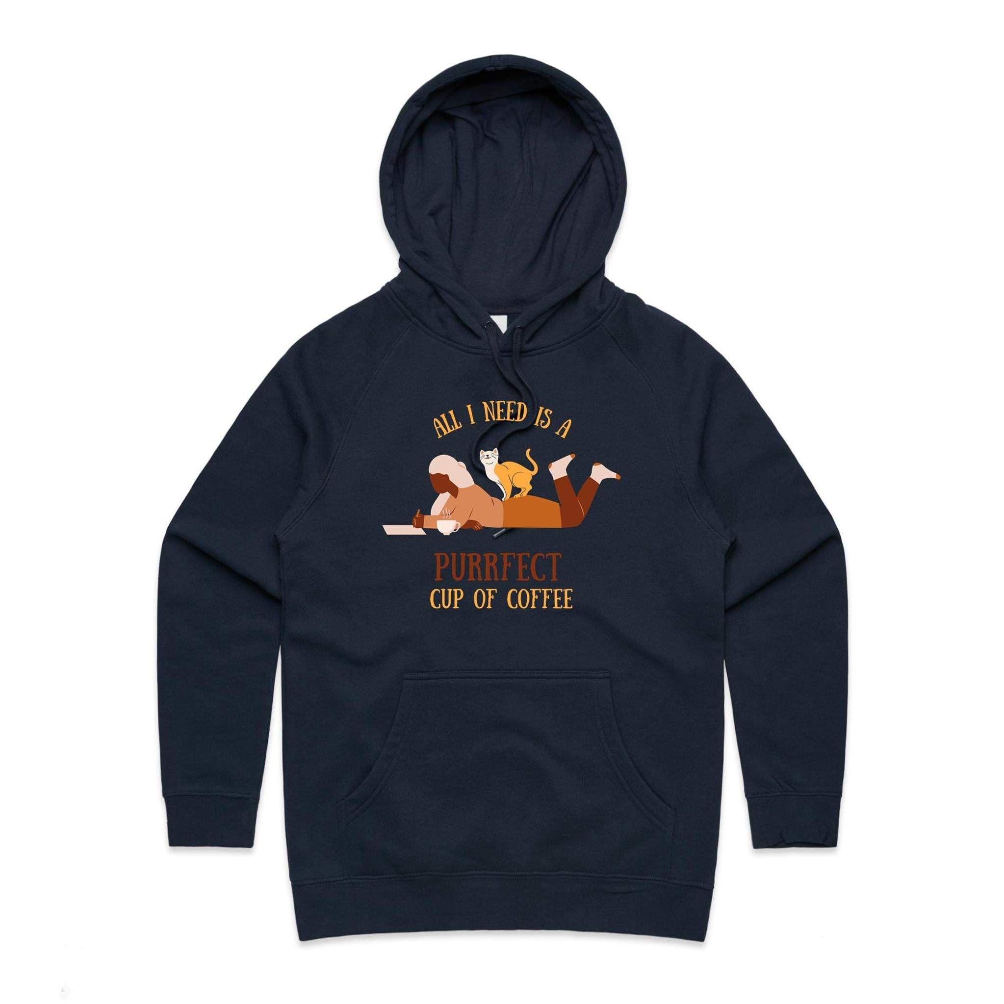 All I Need Is A Purrfect Cup Of Coffee, Cat - Womens Hoodie Navy Womens Hoodie animal Coffee Printed In Australia